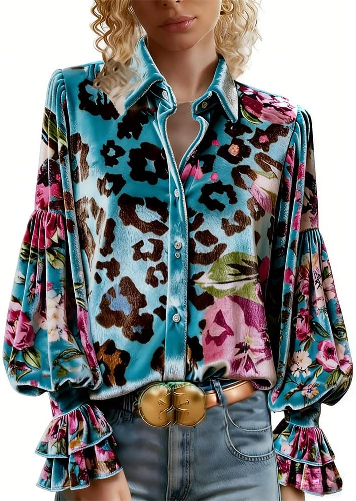 Womens Velvet Blouse Top Vintage Floral Puff Sleeve Fall Winter Loose Trendy Dressy Casual Elegant Shirts