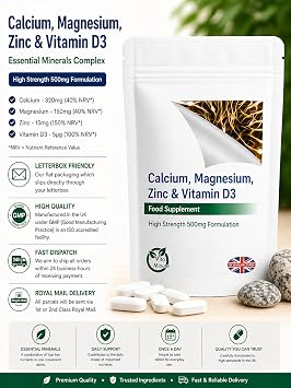 Calcium, Magnesium, Zinc & Vitamin D3 Tablets, Essential Minerals (Pack of 120)