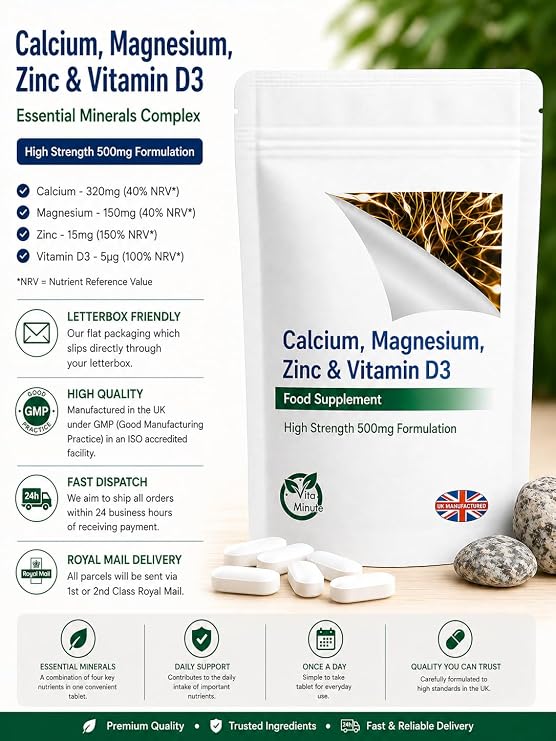 Calcium, Magnesium, Zinc & Vitamin D3 Tablets, Essential Minerals (Pack of 120)