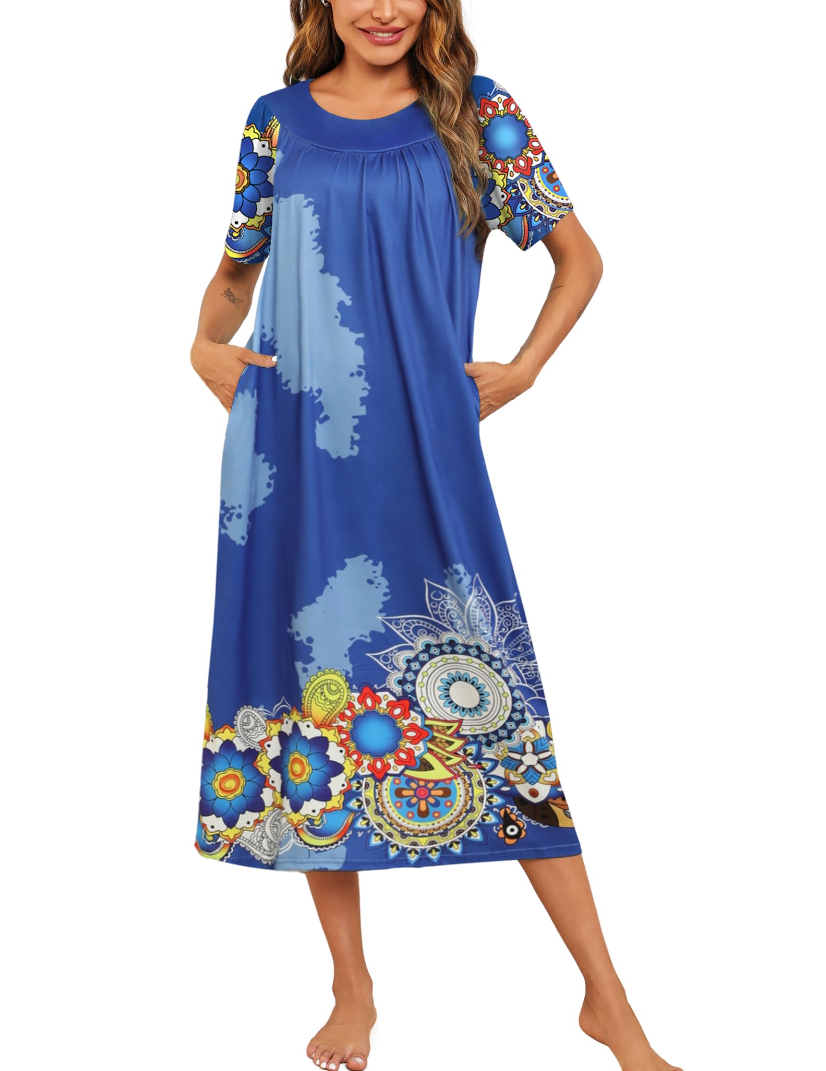 Ekouaer Women's House Dress with Pockets Long Nightgowns for Women House Dress Pleated Front Moo Moos for Women S-XXXL