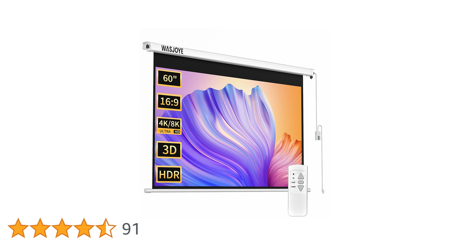プロジェクタースクリーン 60インチ 16:9 電動 両端給電式 リモコン付き Amazon | WASJOYE プロジェクタースクリーン 60インチ 16:9 電動 両端