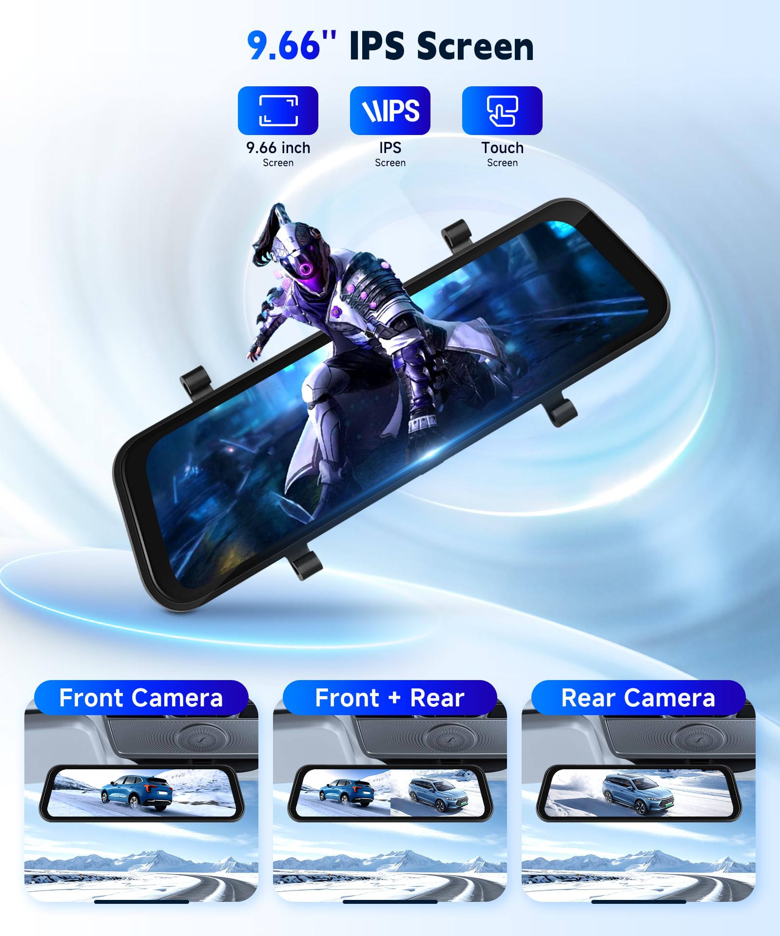 9.66‘’ 1080P Dashcam Rétroviseur avec Carplay & Android Auto, Caméra Embarquée 1080p, Carte TF 64 Go, Enregistrement 24h/24, WDR, Vision Nocturne, Commande Vocale