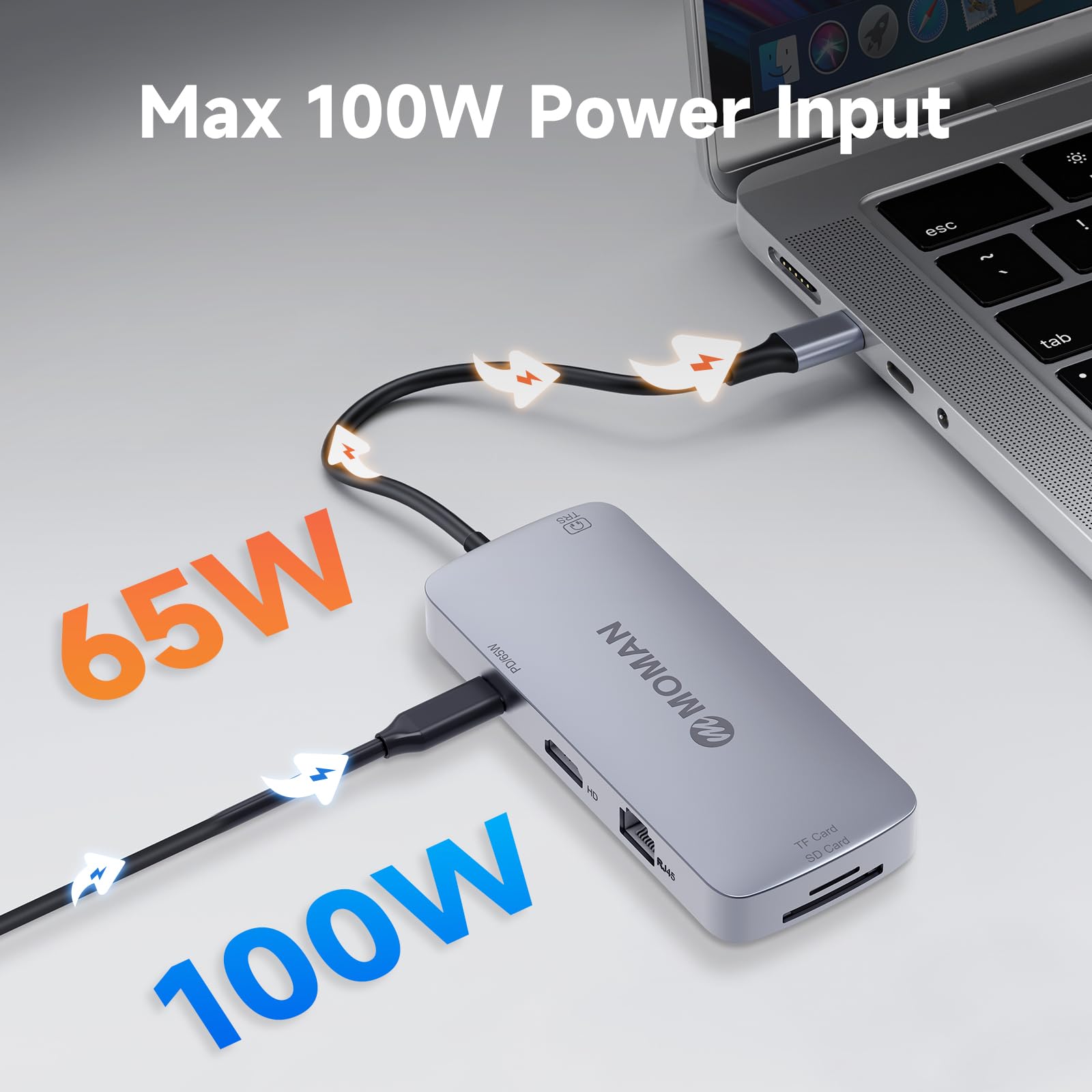 Moman Stacja dokująca, koncentrator USB C 9 w 1 z 100 W PD, 4K 30 Hz HDMI, 3 x USB 3.0 5 Gb/s, złącze audio 3,5 mm, Ethernet RJ45, czytnik kart SD/TF do myszy, klawiatury, dysków U, pamięci flash,