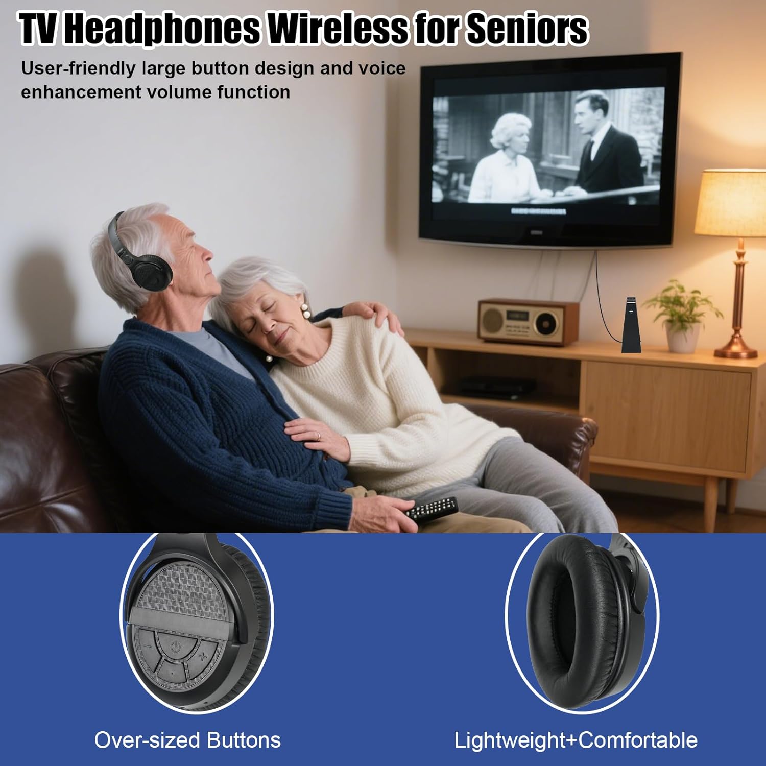 Wireless TV Headphones with Charging Transmitter Base, 2.4G Wireless Headphones for TV Watching, Large Buttons Clear Voice and Sound Boost for Seniors, Plug & Play Lightweight Comfort TV Headset - Image 7