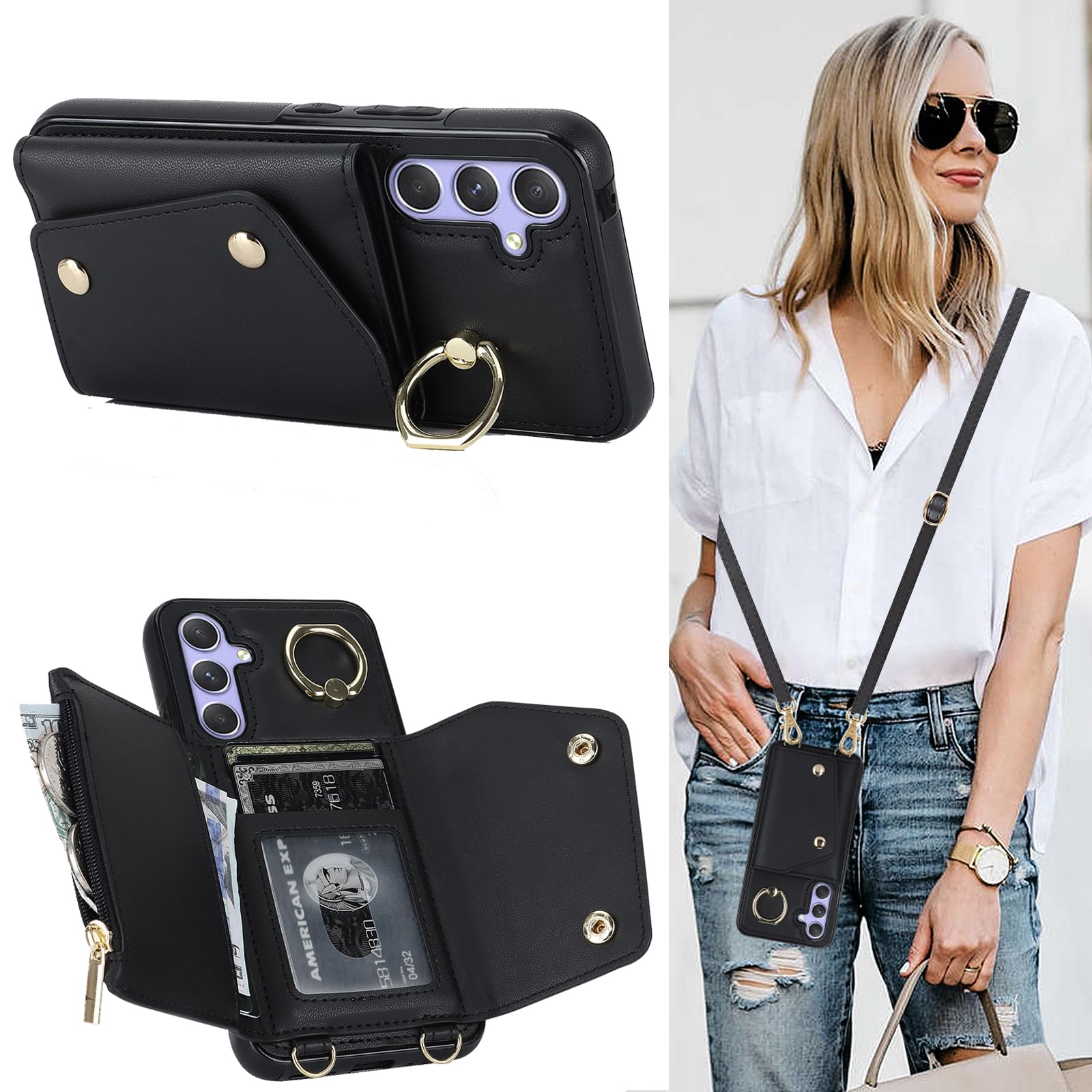 MRRSIWEI for Samsung Galaxy A15 5G Phone Case for Women, Crossbody Wallet Case with Credit Card Holder Lanyard Shockproof Purse Kickstand Case for Samsung Galaxy A15 5G.Crossbody Black