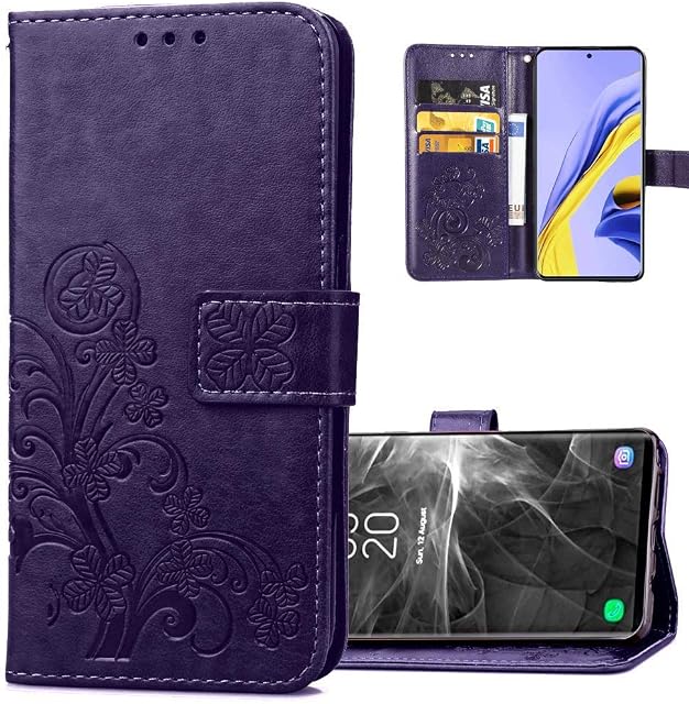 COTDINFOR Compatible with OPPO A57 5G Cover Flip Case Lucky Clover Embossed Magnetic Strap with Card Slots Shockproof Protective Phone Case for OPPO A57 5G Shell Clover Purple SD
