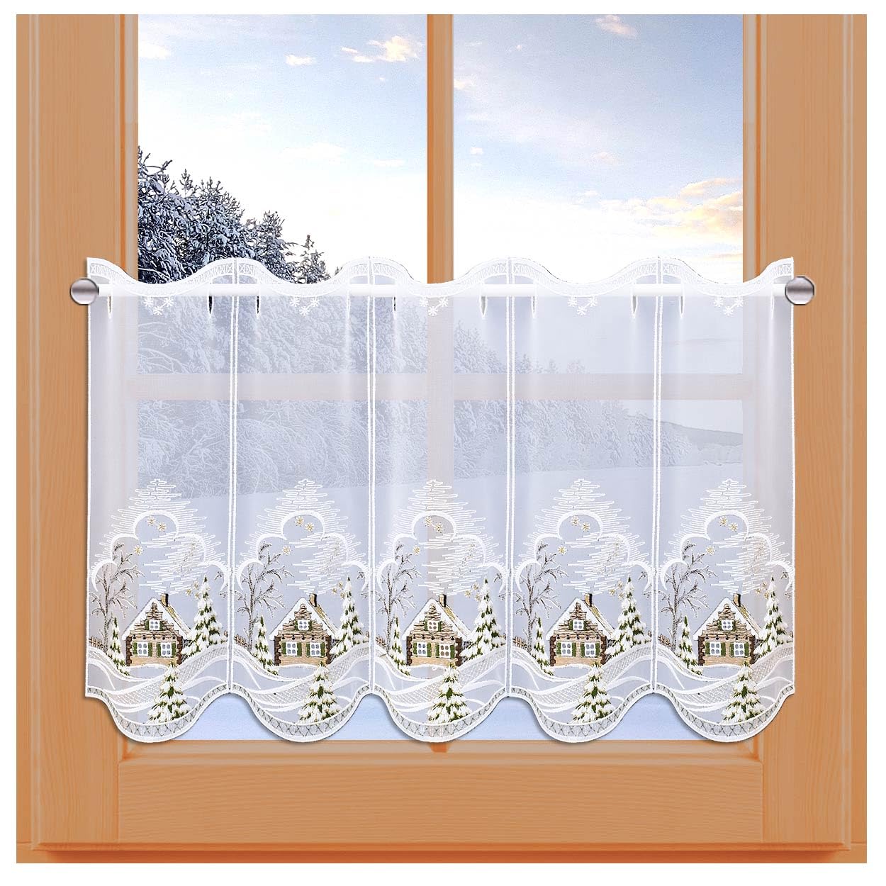 Scheibengardine Heimatliche Winteridylle Vogtländische Spitze - Scheibenhänger für Winter und Advent verschneite Berghütte - klassische Kurzgardine mit Lurex-Stickerei | Höhe x Breite 40 x 144 cm