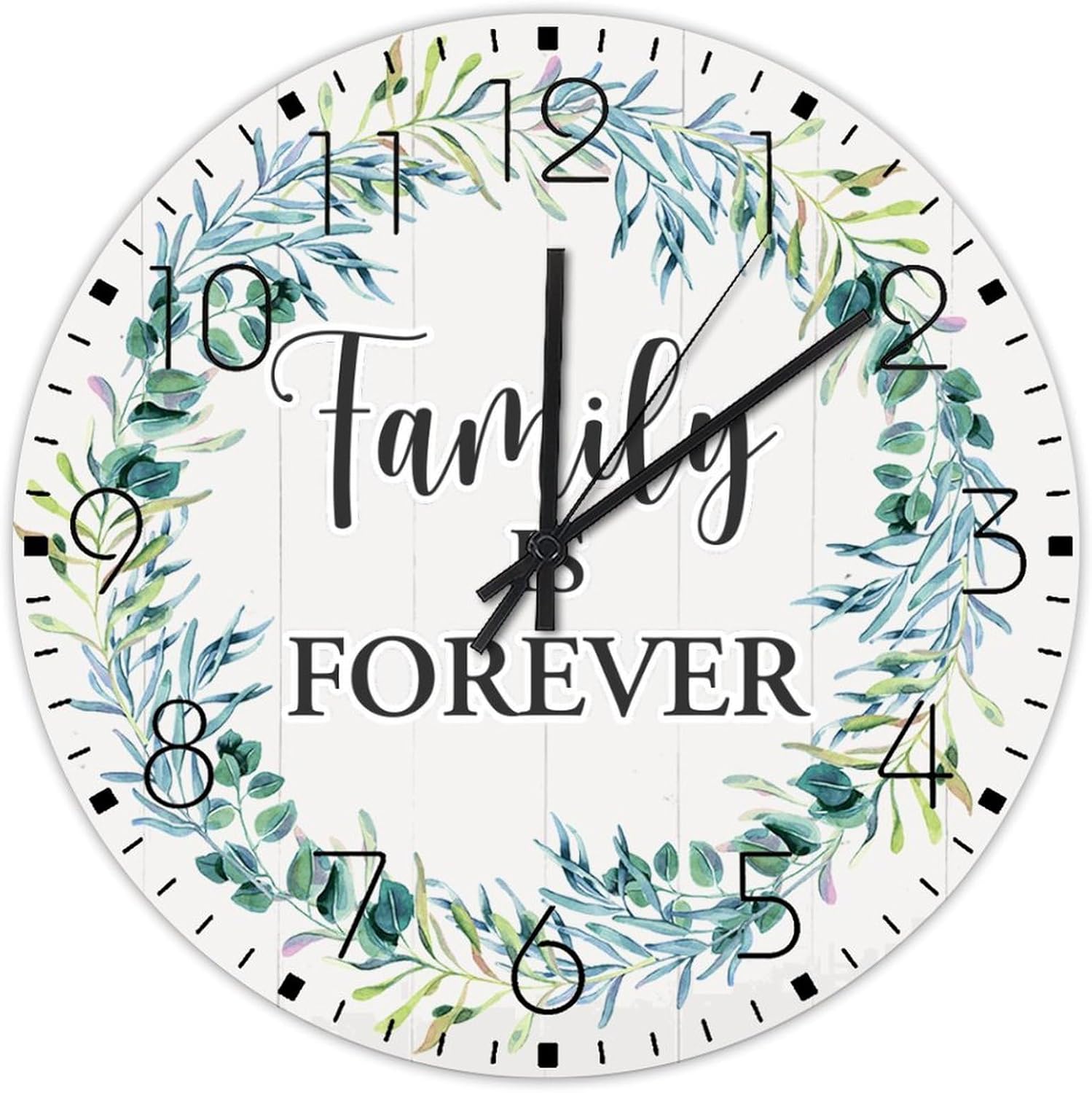 Wood Wall Clocks Battery Operated Non Ticking Family is Forever Farmhouse Wall Clocks Garland Art Green Leaves Home Decor for Restaurant Garage Indoor 15 Inch
