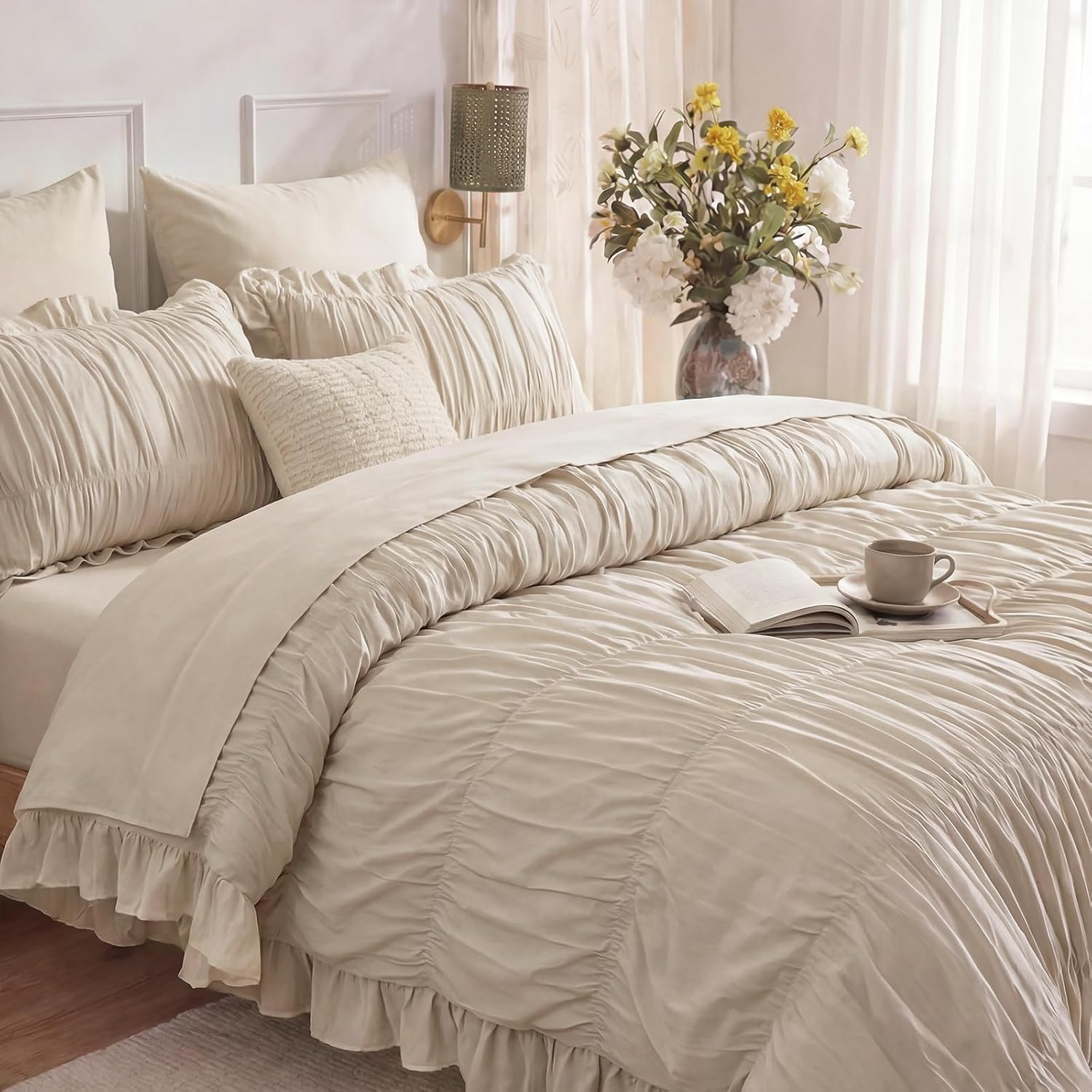 Herside Beige Ruffle Ruched Duvet Cover Set Queen Size,Boho Romance Ruched Bedding 3 Pieces Shabby Chic Wrinkle Ruffle Comforter Cover Set,Breathable and Soft Microfiber Quilt Cover Set