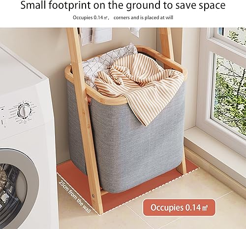 Miniatura 5 de Escalera para manta con canasta, 17.3 pulgadas de largo x 55.1 pulgadas de alto, toallero de bambú con cesta de almacenamiento, soporte para mantas,