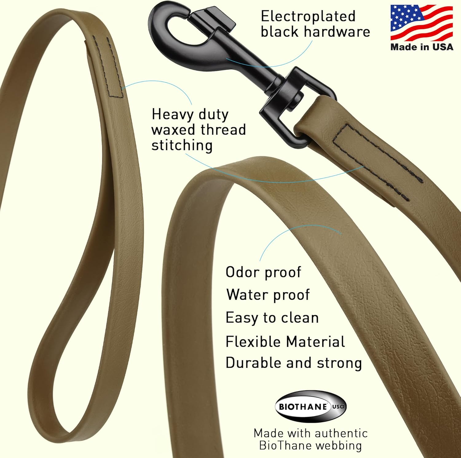 Dogline Biothane Waterproof Dog Leash Strong Coated Nylon Webbing with Black Hardware Odor-Proof Easy to Clean High Performance for Small or Large Dogs Made in USA 4 or 6 ft Lead, Coyote Brown