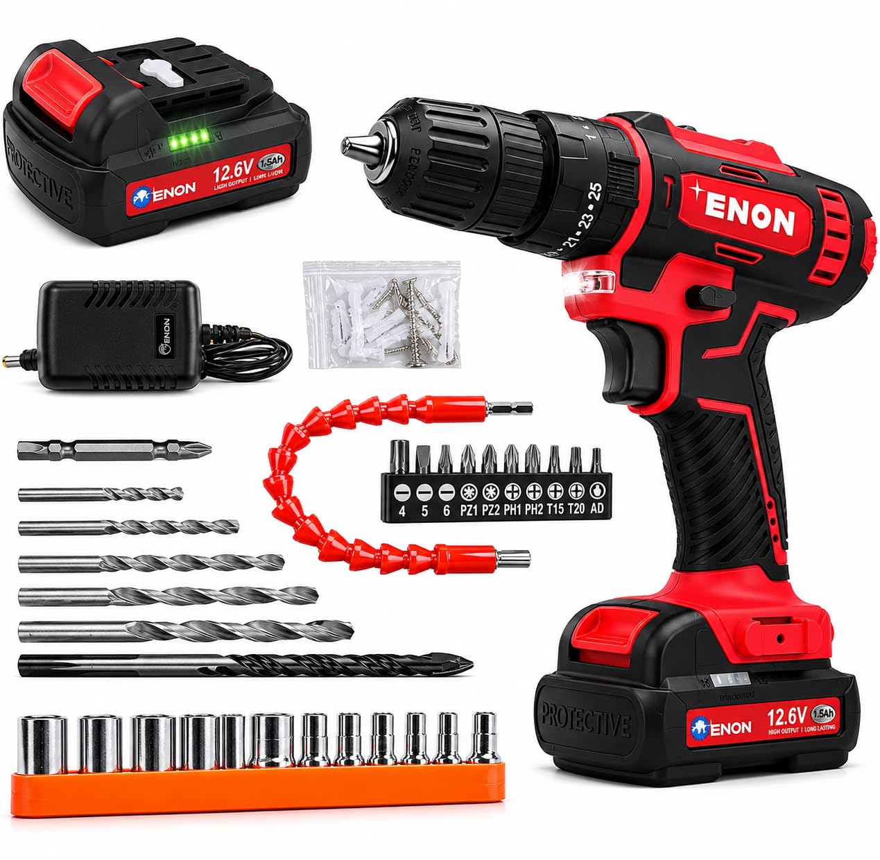Enon Cordless Impact Drill for Home Use, 12.6V, 1500RPM, 22NM Torque, Keyless Chuck 10mm, 25 Level Torque, 2 Speed Modes, 3 Functions, Single Battery 1.5Ah, 82 Pcs Drill Kit (XE-CD1610-SB)-picture-10
