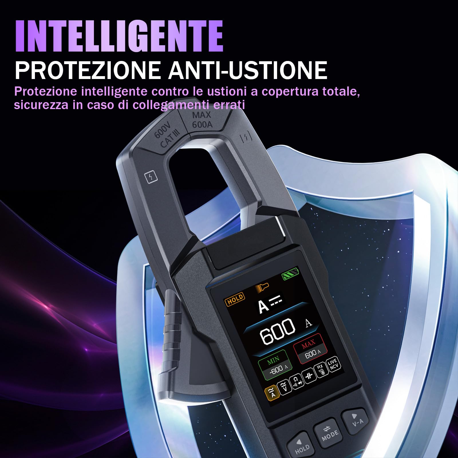 DMC-100 Pinza amperometrica CA/CC, 10000 Conteggi TRMS Multimetro Digitale, 600A Amperometro Ricaricabile con Registrazione Della Curva, Torcia Elettrica, Misura NCV, Resistenza, Capacità, Temperatura