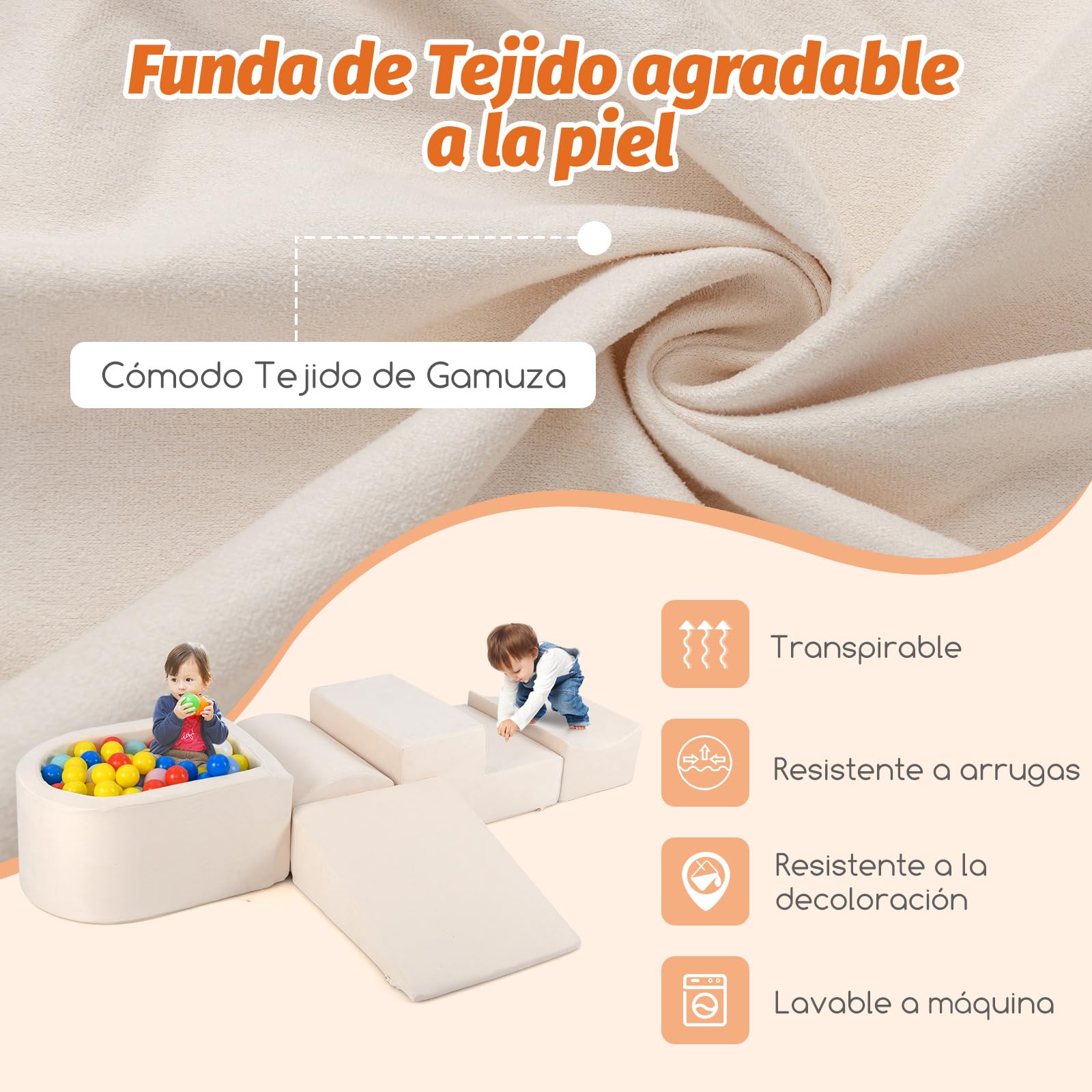 COSTWAY Juego de Escalada y Rampa de 5 Piezas, Bloque de Escalada con Piscina de Pelota Infantil, Funda Lavable a Máquina con Cremallera, Bloques de Construcción Creativos,Sin Pelotas de Mar (Beige) — view 3