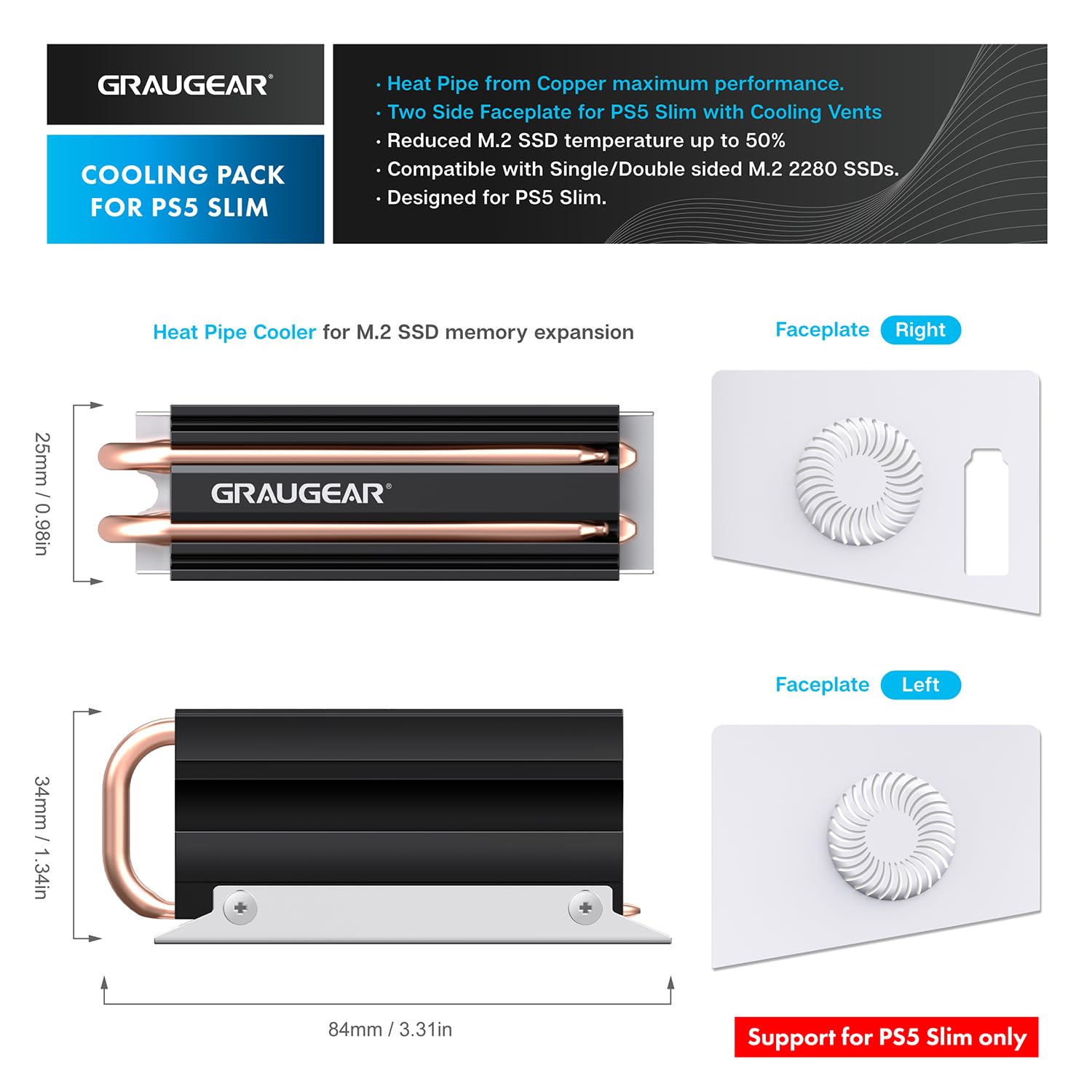 GRAUGEAR PS5 Slim M.2 SSD Cooling Pack, Ventilation PS5 Slim Cover and Open-Air PS5 SSD Heatsink, Heat Pipe Cooler for PS5 M.2 SSD, Cross Ventilation Design(Not Fit for Original PS5/PS5 Pro)