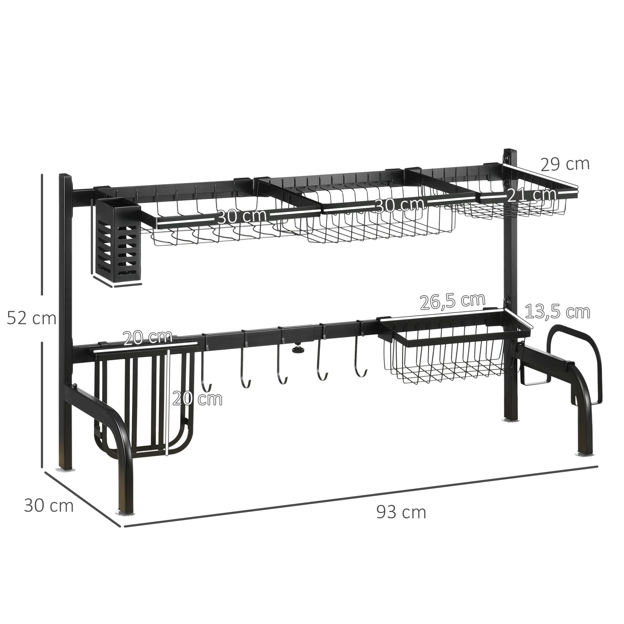 HOMCOM Ociekacz do naczyń, 2-stopniowa kratka ociekowa, stelaż, 51-93 cm, ociekacz z haczykiem, taca ociekowa do zlewozmywaka kuchennego, stal, czarna
