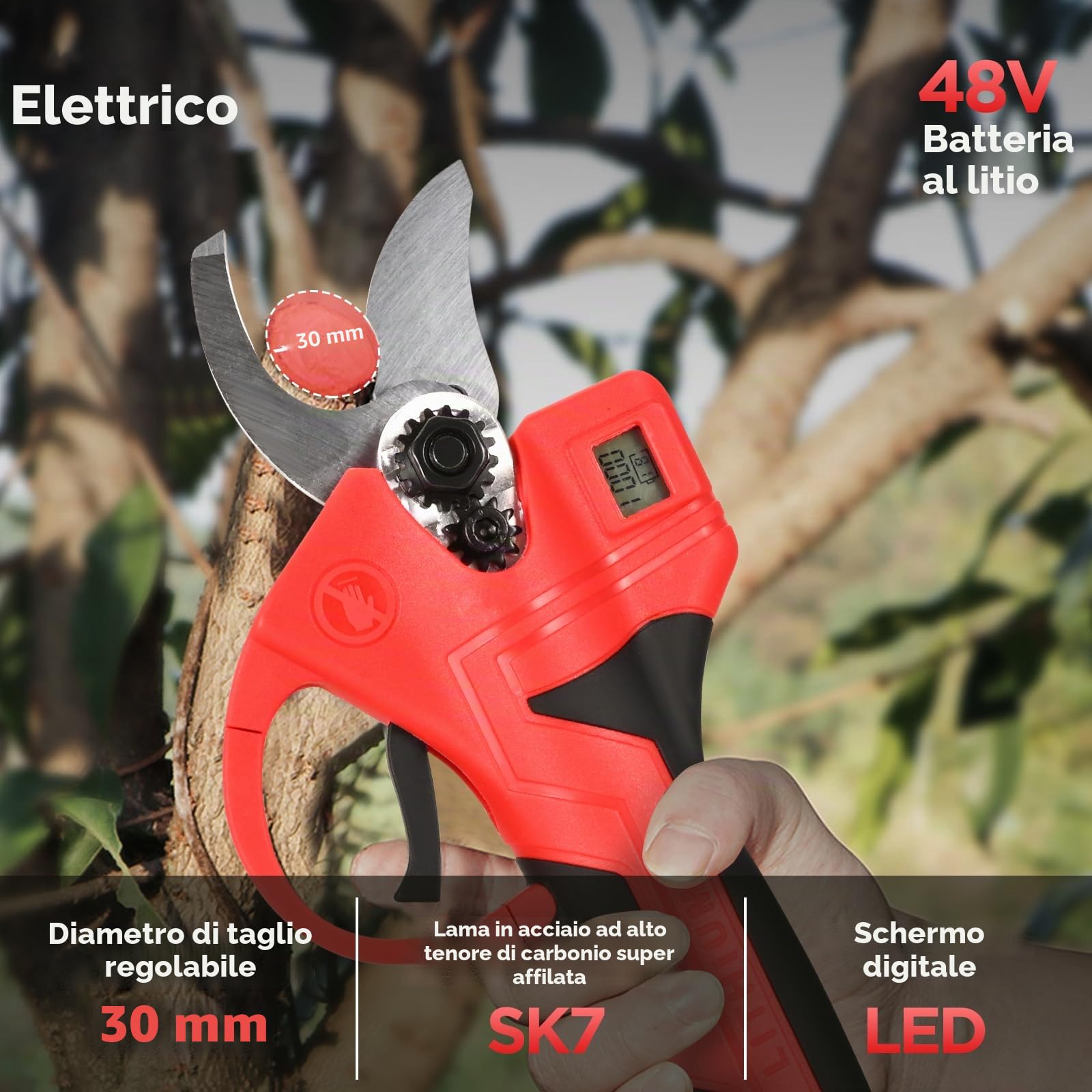 Forbici Potatura a Batteria, 30mm Professionali Forbici Potatura Elettriche con 2 * 2000 mAh, SK7 Lame, display LCD, Motore brushless, potatura efficiente per giardinaggio, alberi da frutto, vigneto