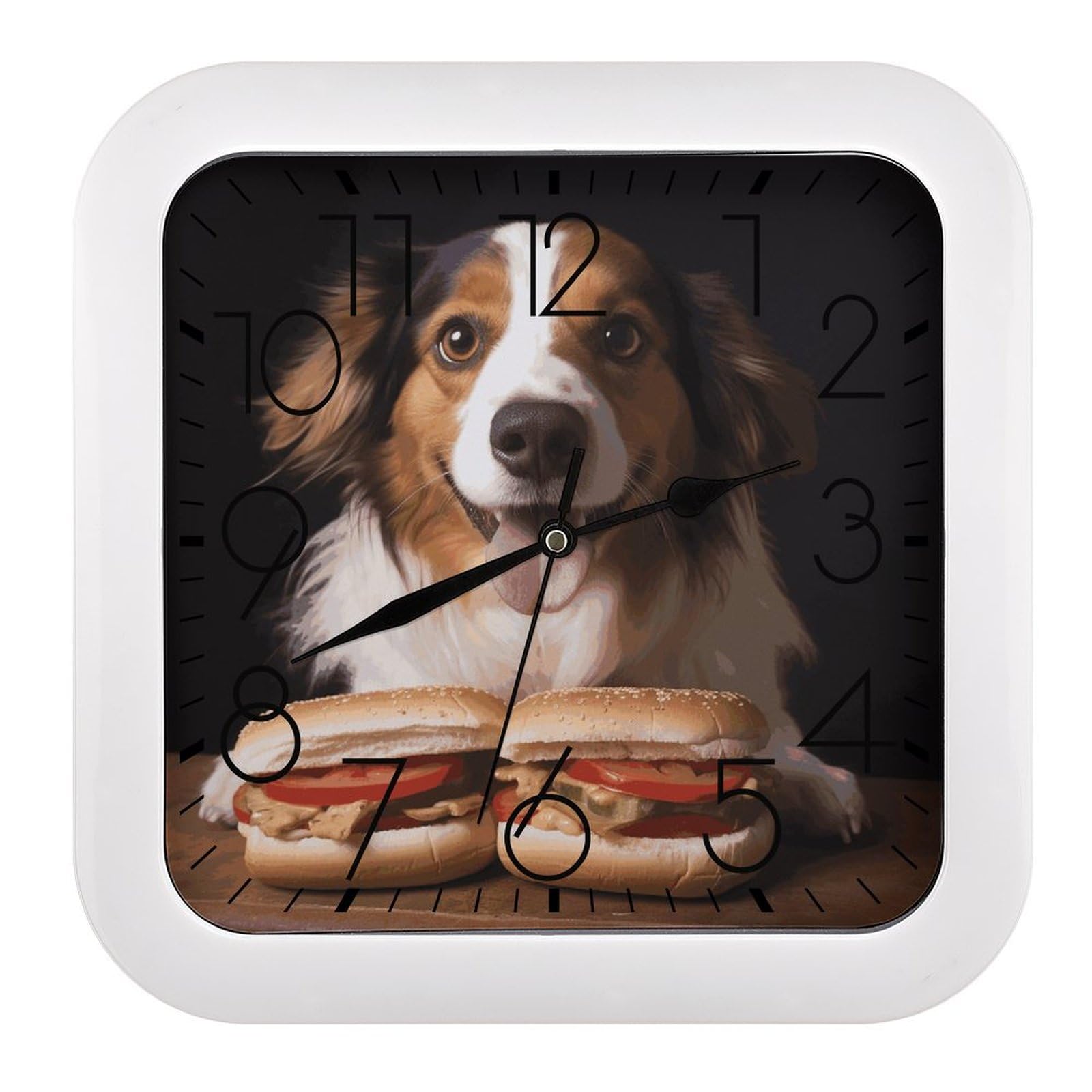 Horloge murale carrée 25 cm pour cuisine et bureau design hot-dog pile incluse