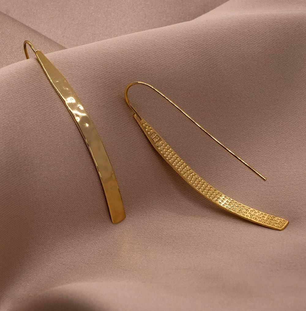 Hoops & Loops 925 Sterling Silver High Polished Hammered Long Flat Bar Threader Drop Earrings for Women, Silver, Yellow & Rose Gold - Image 9