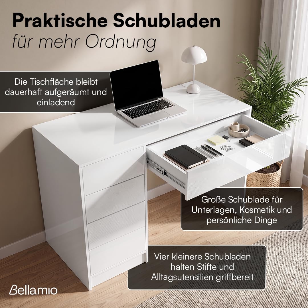 Bellamio Livny Schreibtisch Hochglanz Weiß mit 5 Schubladen, Bürotisch | Schminktisch, Jugendschreibtisch, 80x53x110 cm, Schubladen beidseitig montierbar, Schreibtisch mit Stauraum, White Desk