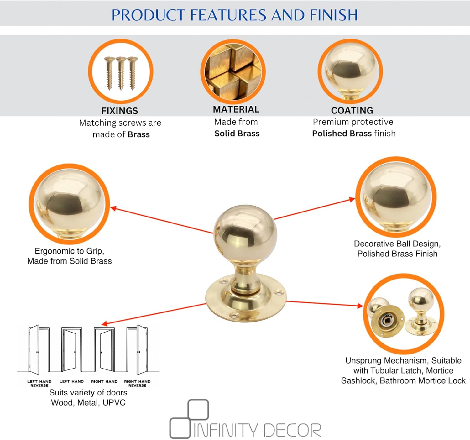 Infinity Decor Ball Round Mortice Door Knobs in Solid Brass- Victorian Period Style Door Pull Handles (Polished Brass)