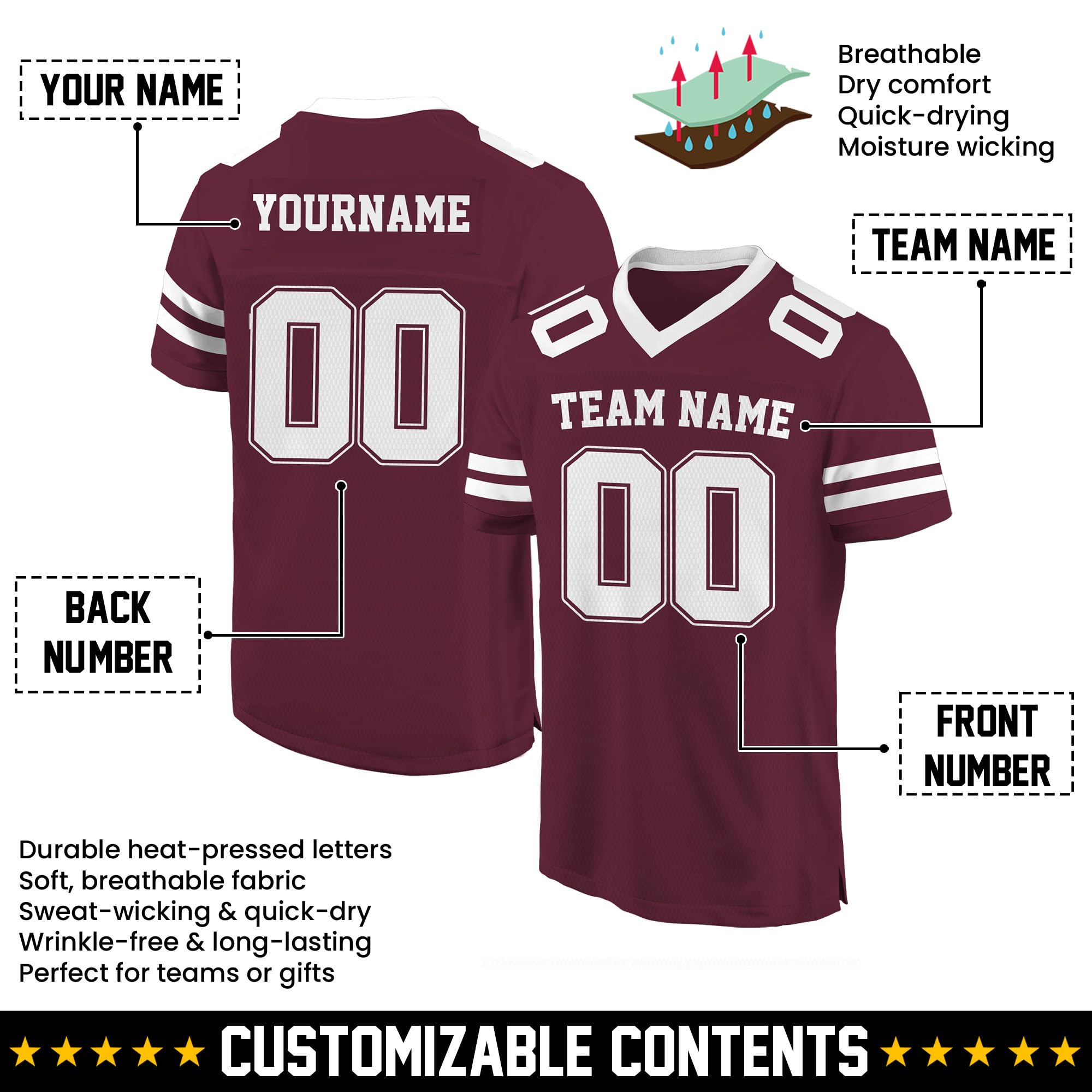 Custom Football Jersey - Personalized Name, Number & Logo, Customized Maroon Jerseys for Men, Women, Youth, Toddlers