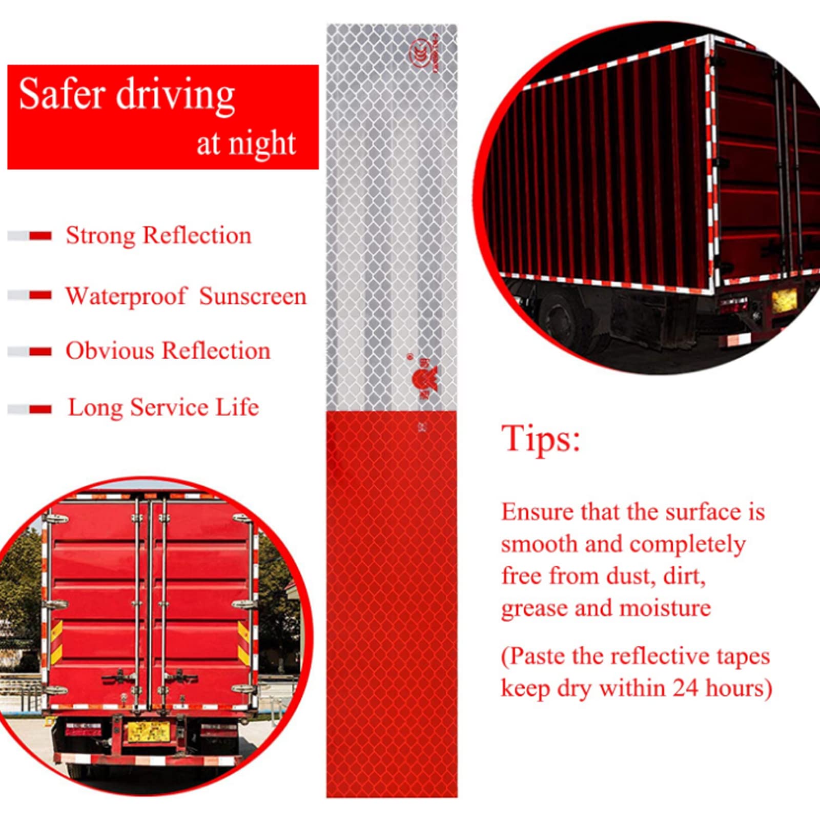 Cinta reflectante, 2 x 12 x 20 unidades, rojo/blanco, autoadhesiva, impermeable, advertencia de advertencia, cinta reflectante para autos, camiones, remolques, barcos, señales de tráfico 2