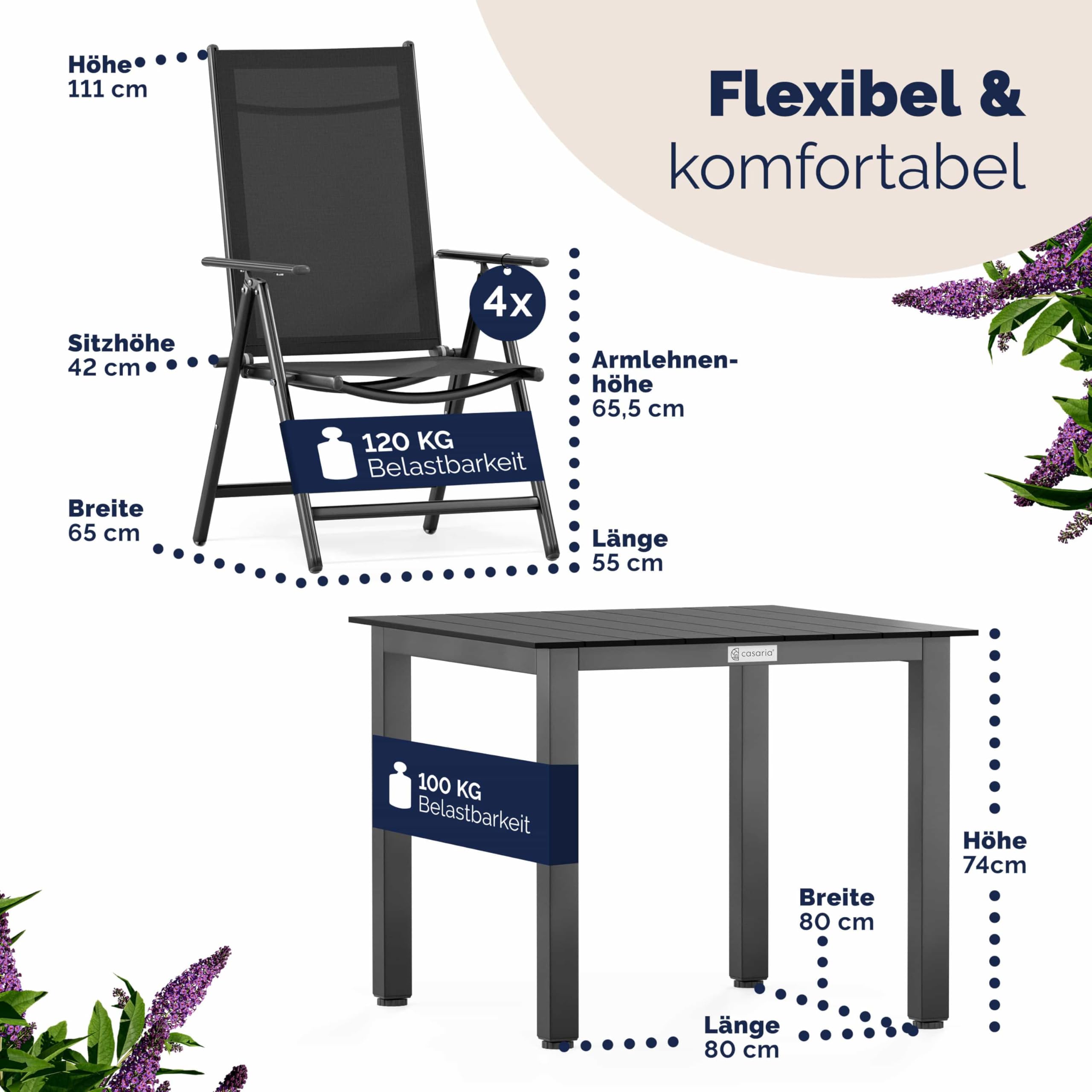 Casaria® Gartenmöbel Set 4 Stühle mit WPC Tisch 80x80cm Aluminium Sicherheitsglas Wetterfest Klappbar Modern Terrasse Balkon Möbel Sitzgruppe Garnitur Bern