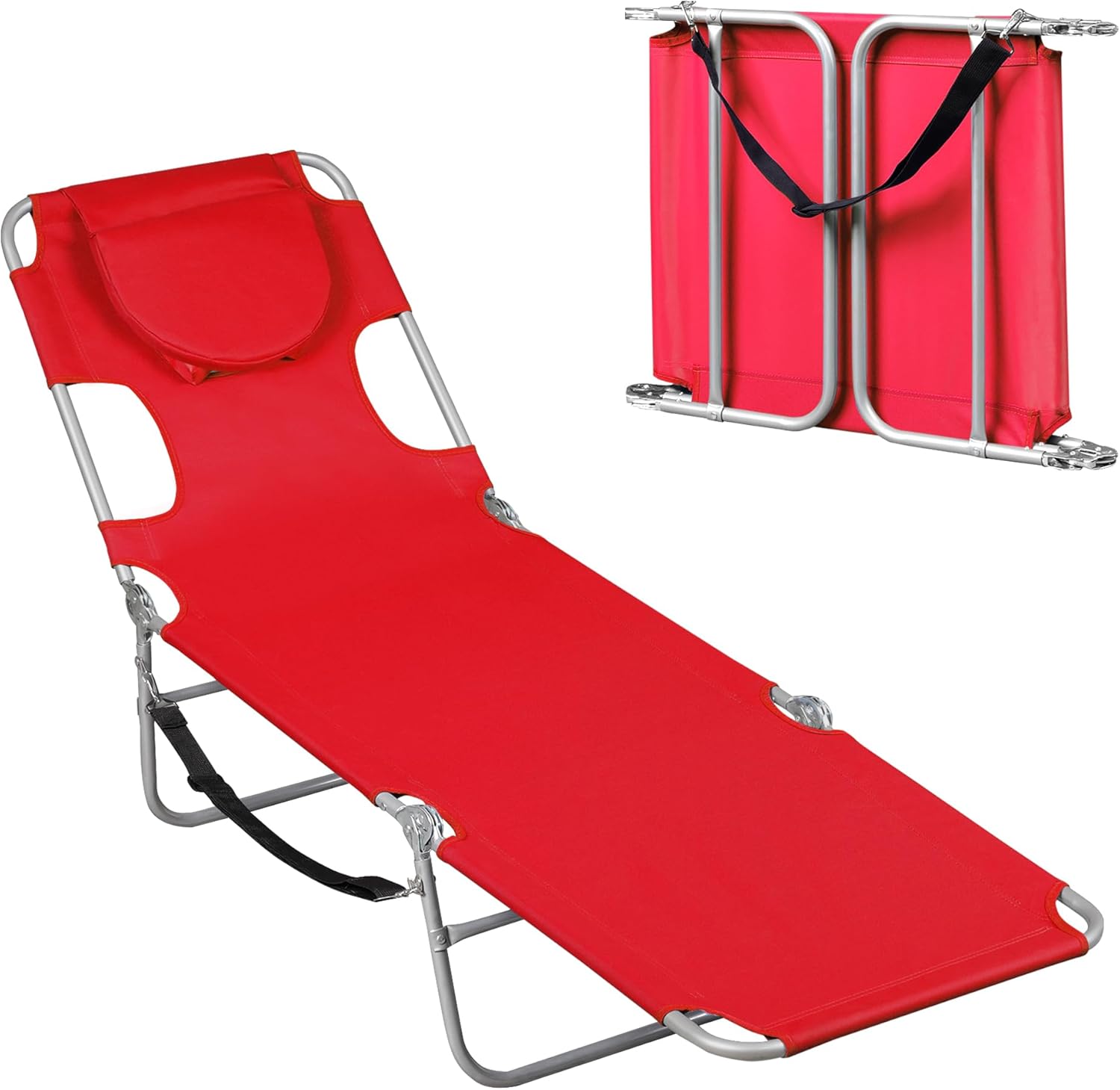 WLIVE Beach Chair for Adults, 4-Position Folding Tanning Chairs with Face Hole, 2 Legs Support Portable Outdoor Chair for Beach, Pool, Red