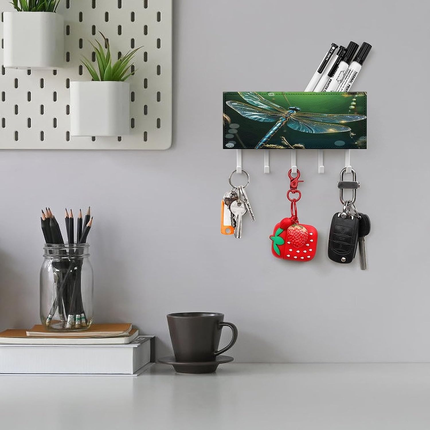 PU Leather Key Holder Wall Mount Key Organizer, Decorative Adhesive Key Rack with 5 Key Hooks, Fashion Dragonfly Green Key Hanger Decor for Entryway Door Bathroom Kitchen Hallway