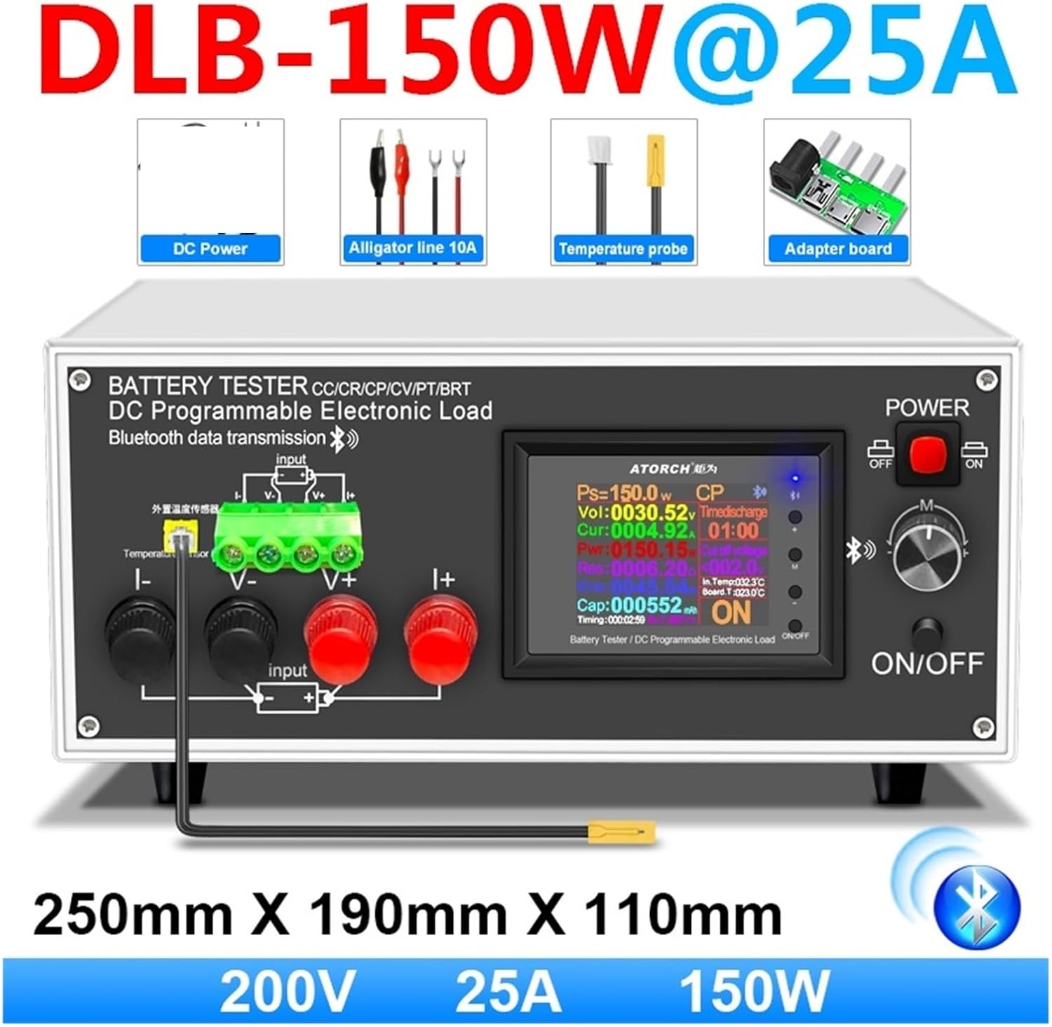 Battery Tester, DLB-600W 40A Lithium Lead-Acid Battery Capacity Monitor Electronic Load Power Tester Discharge Meter Car Check Tools(150W 25A)