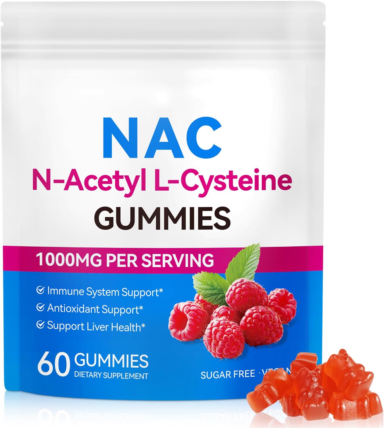 NAC Gummies for Adults & Kids 1000mg - Chewable NAC Supplement N-Acetyl Cysteine Supports Lung & Liver Detox, Antioxidant & Immune Defense, Strawberry Flavor 60 Count