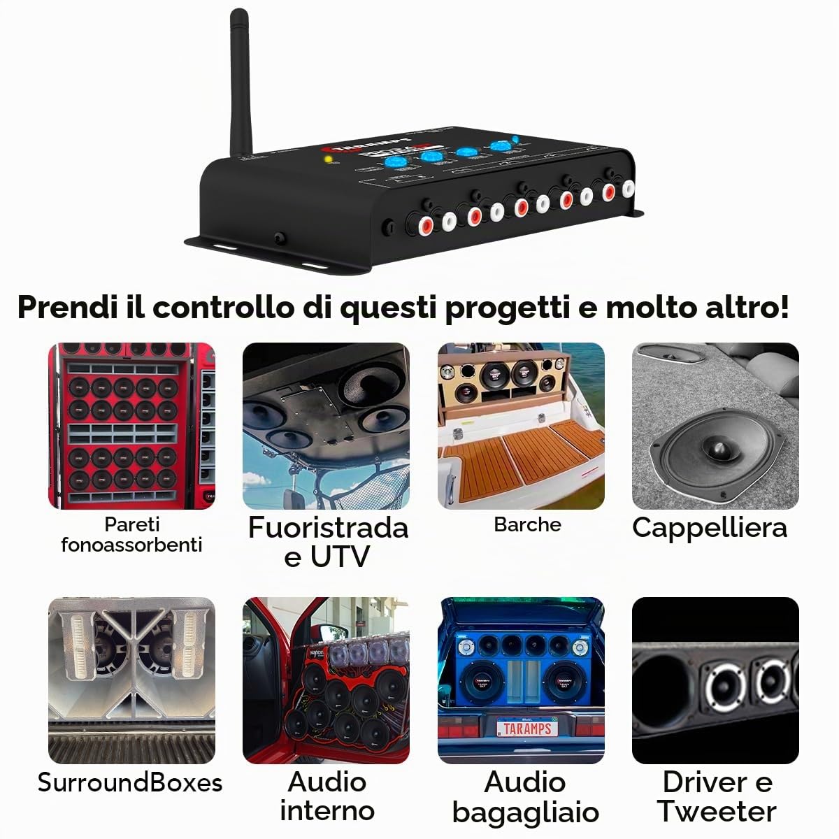 Taramps Pro 2.4 BT Bluetooth DSP Crossover Full, processore di segnale digitale, equalizzatore audio per auto con app, guadagno fino a 9 V, equalizzazione grafica a 15 bande, 12 preset EQ, 2 ingressi