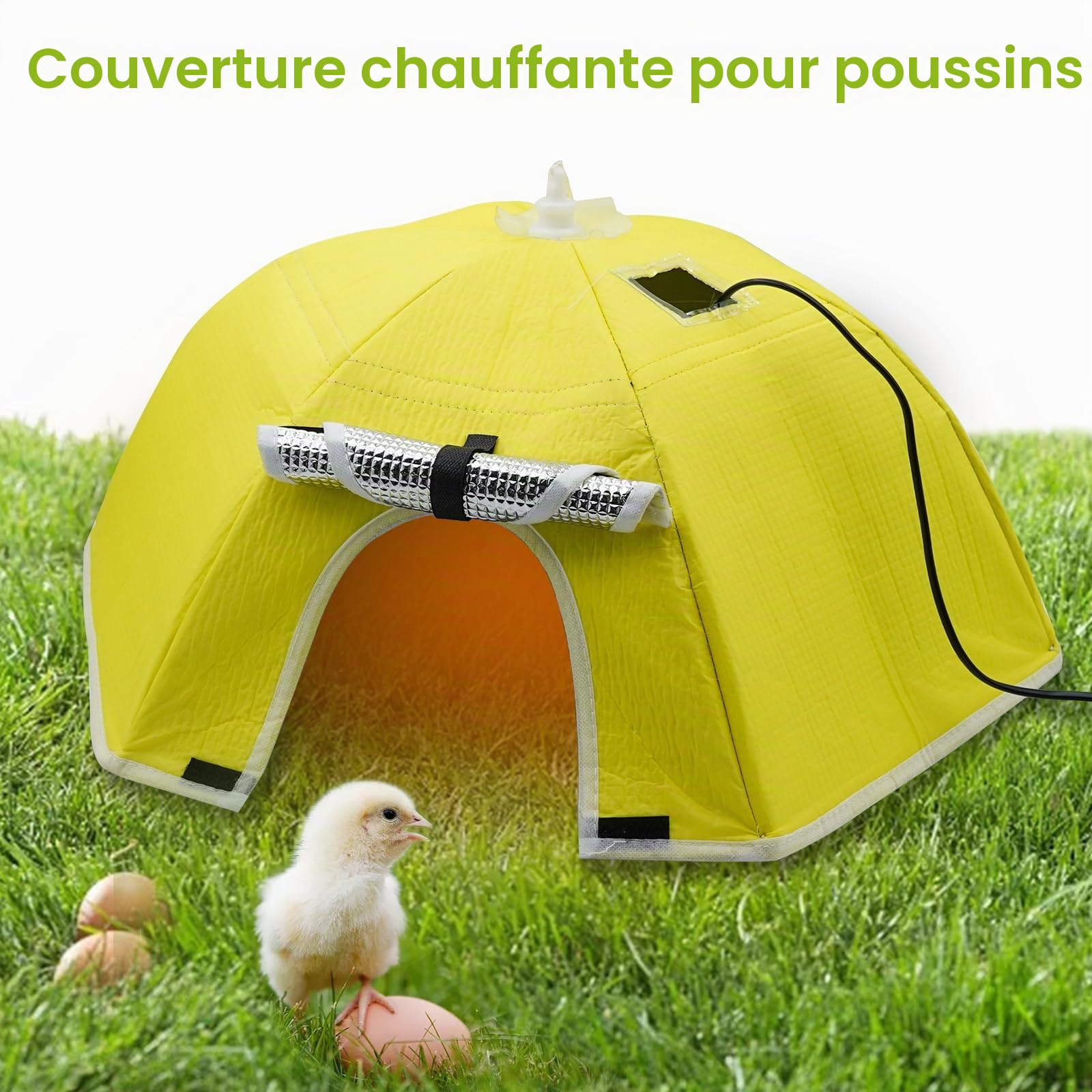 Plaque Chauffante Poussin avec Régulateur 21,65 x 21,65 x 8,66 cm, Tissu Imperméable, Fenêtre de Visualisation Transparente, 0°C à 80°C Réglable en Chaleur, Parapluie Poussin Pliable, Jaune
