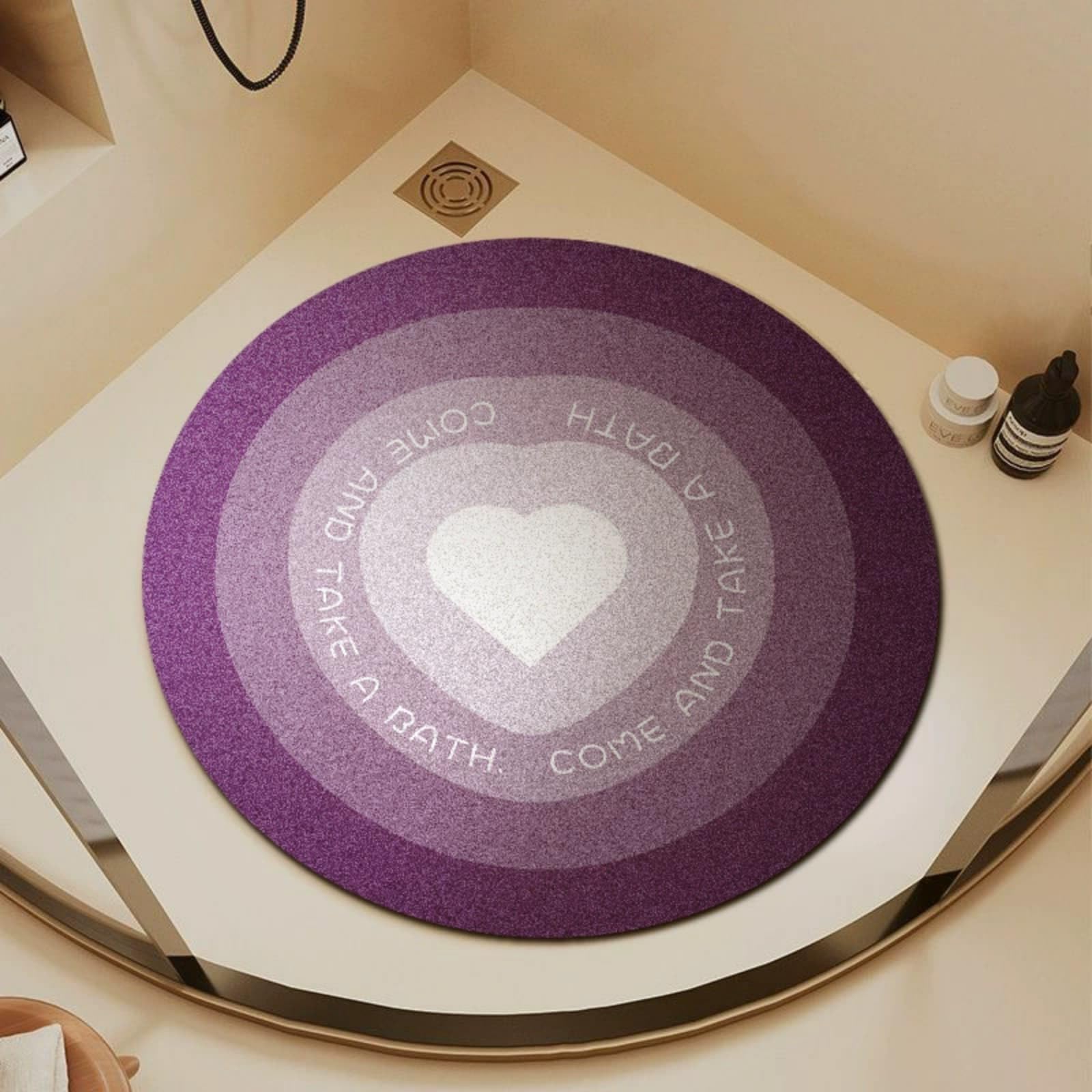 Alfombrilla redonda de ducha de PVC morado oscuro de secado rápido con lufa para baño