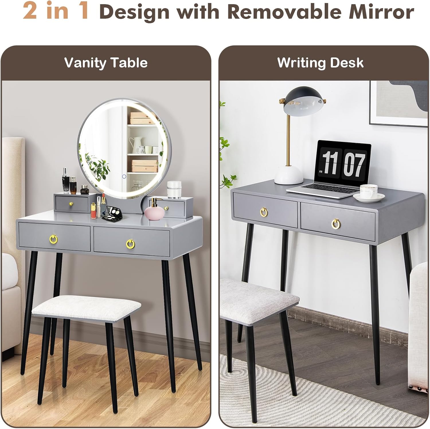 Comparison image showing the vanity table configured as a vanity table with mirror and as a writing desk without the mirror.