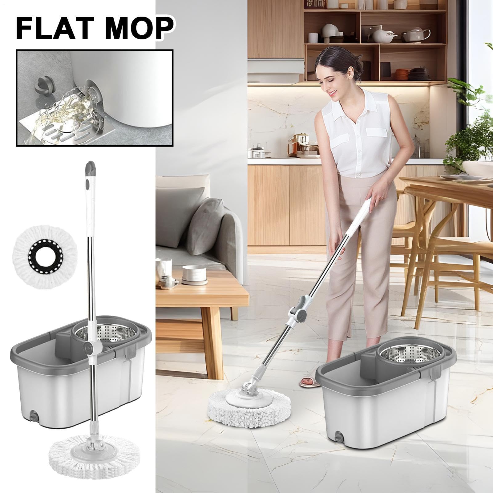 Set De Limpieza Con Fregona, Cubo Mango Ajustable Para Suelos | Kit Cubo Giratorio Con Escurridor Para Suelos de Hogar, incluyendo Azulejos, Mármol, Cocina, Baño y Sala de Estar
