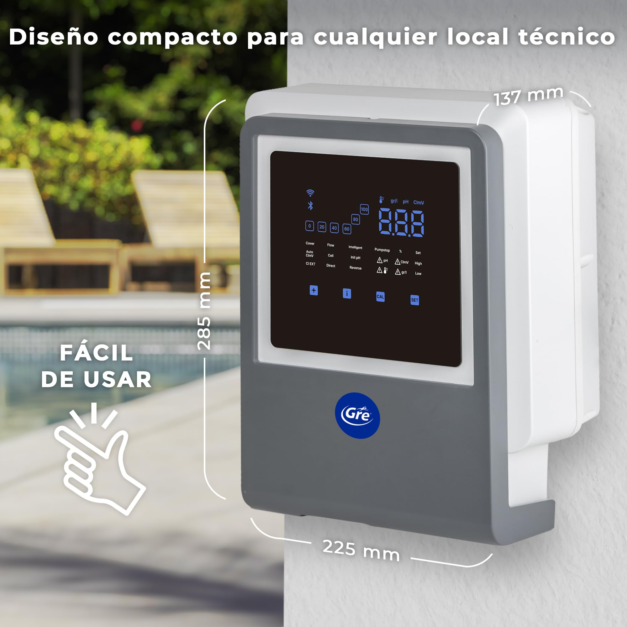 Gre - SWGA40 Clorador Salino Todo en Uno con Controlador de pH y Bomba Peristáltica, Conectado por App, 7 g/h, para Piscinas hasta 40 m³, Electrolisis de Sal Inteligente