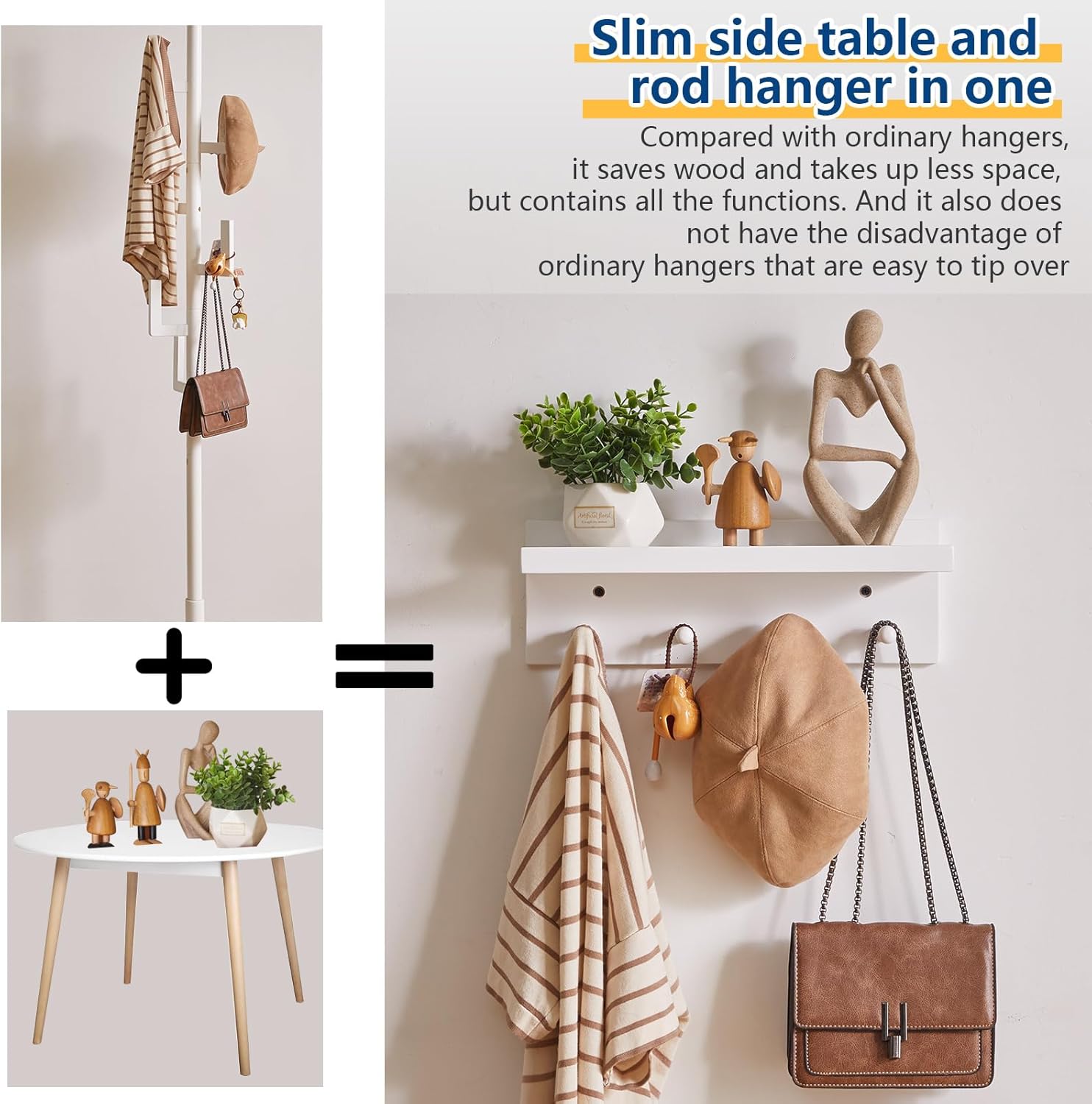 Aibiju Wood Coat Hook with Wall-Mounted Shelf,15.75in Entryway Wall Hanging Shelf, for Bathroom, Kitchen, Coat Towel Key Organizer White YD-WS0240W