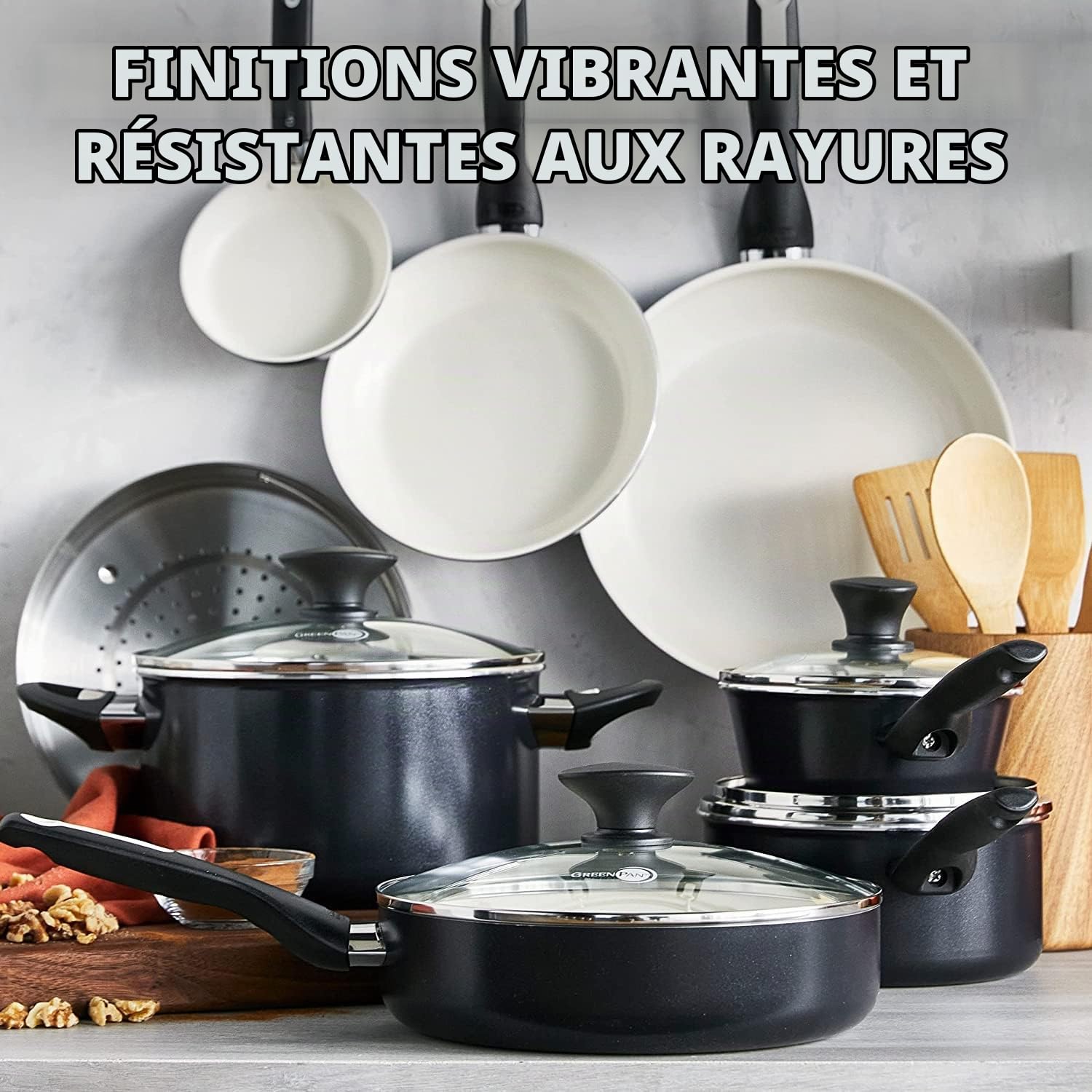 GreenPan Rio Batterie de Cuisine Antiadhésive en Céramique Saine de 16 Pièces, Comprend Poêles à Frire, Casseroles, Ustensiles, Sans PFAS, Poignée Rester Froid, Va au four jusqu'à 160°C, Noir & Crème