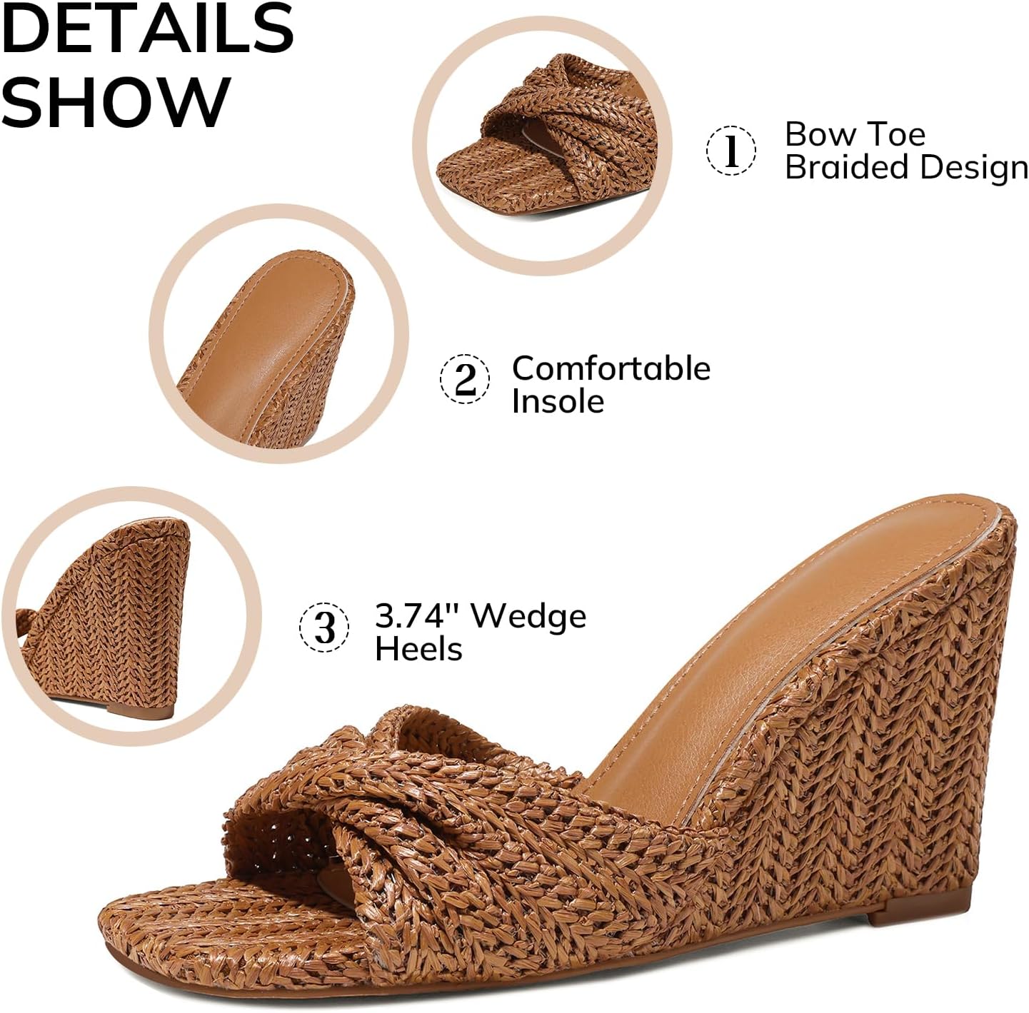 Wedge Sandals for Women Summer Raffia Braided Mules Slides - Slip On, Square Open Toe, Dressy, Beach, Evening - Image 6