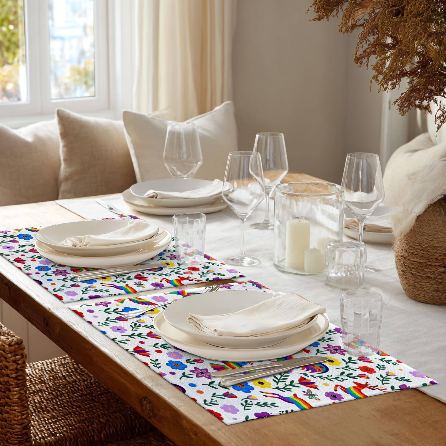 Shrahala Colorful Mexican Aztec Inca Mayan Pattern Placemats, Table Mat Linen Burlap Washable Double-Deck Heat Insulation for Dining Table Kitchen Table Set of 4 (12 x 18 inch)