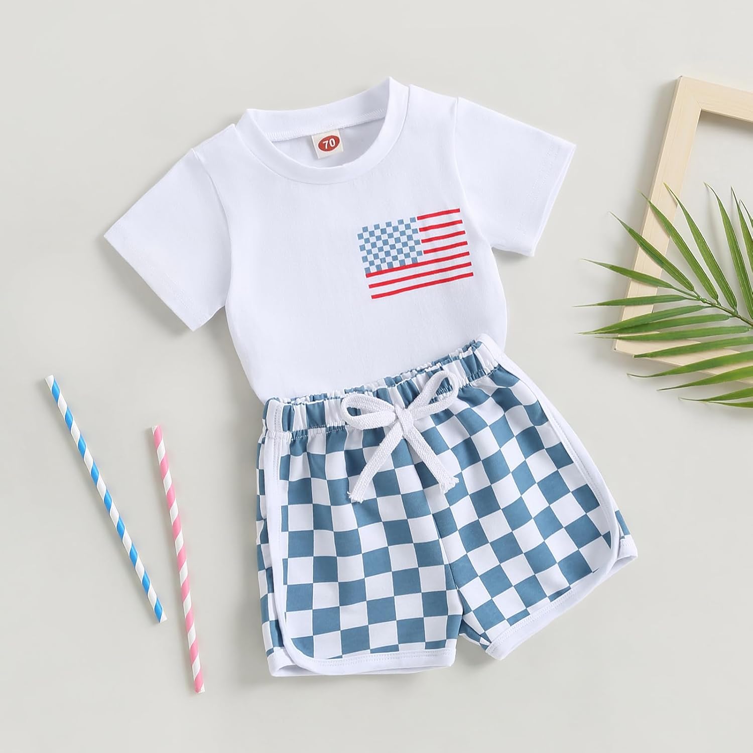 Baby Boy 4th of July Summer Outfit American Flag Short Sleeve T Shirt + Checkered Shorts Toddler 2PCS Clothes Set - Image 3