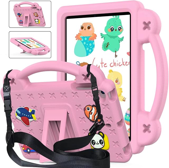 Billionn Shockproof Case Compatible with iPad 10th Generation,10.9 Inch 2022 Model,DIY Kids Cover with Pencil Holder/Handle/Stand/Shoulder Strap/Screen Protector, Pink