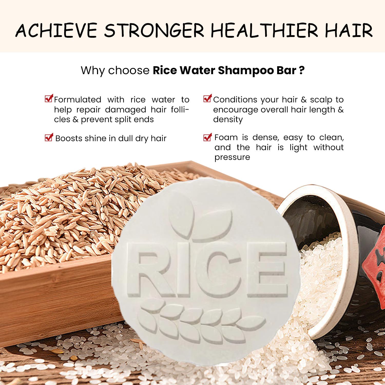 FANFALUV Rice Water Shampoo Bar, 100% Natural Vegan, Nourishing, Volumizing, Cleansing - Image 3