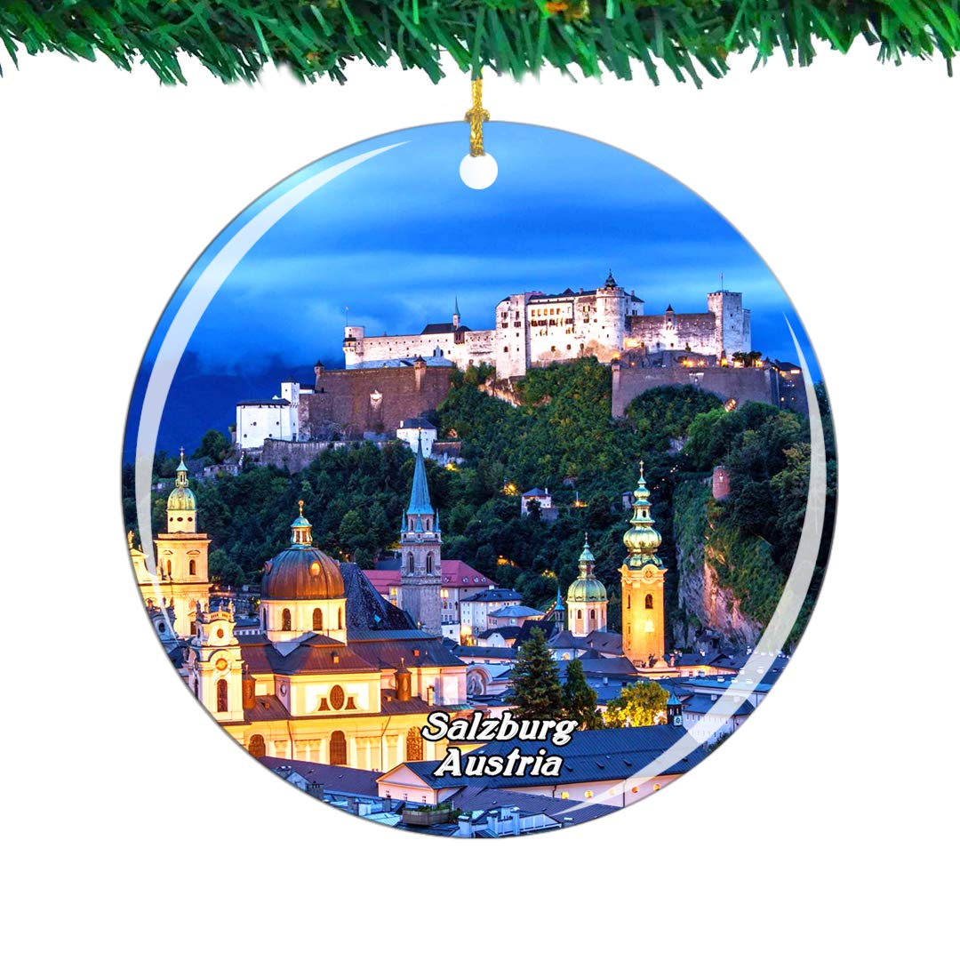 WeekinoAustria Fortress Hohensalzburg Salzburg Christmas Ornament City Travel Souvenir Collection Double Sided Porcelain 2.85 Inch Hanging Tree Decoration