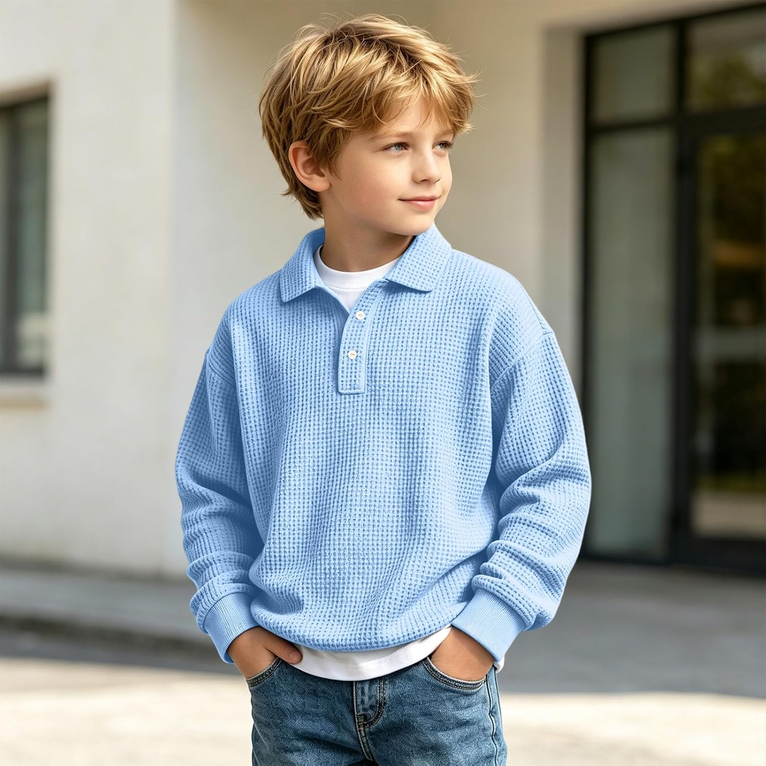 Boys Waffle Henley Button Fleece Pullover Sweatshirt Top