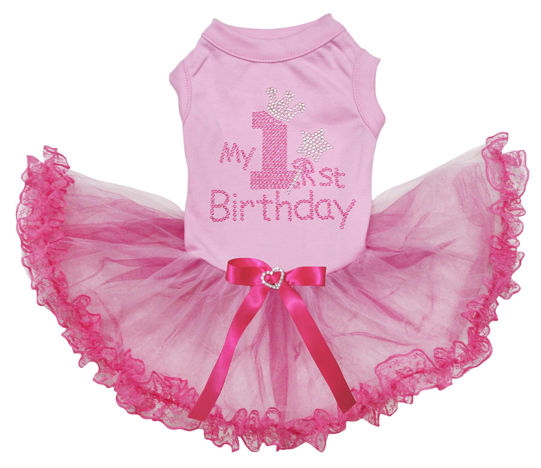 Petitebella Pink Rhinestones My 1st Birthday Puppy Dog Dress (Pink/Pinks Lace, Large) โ image 1