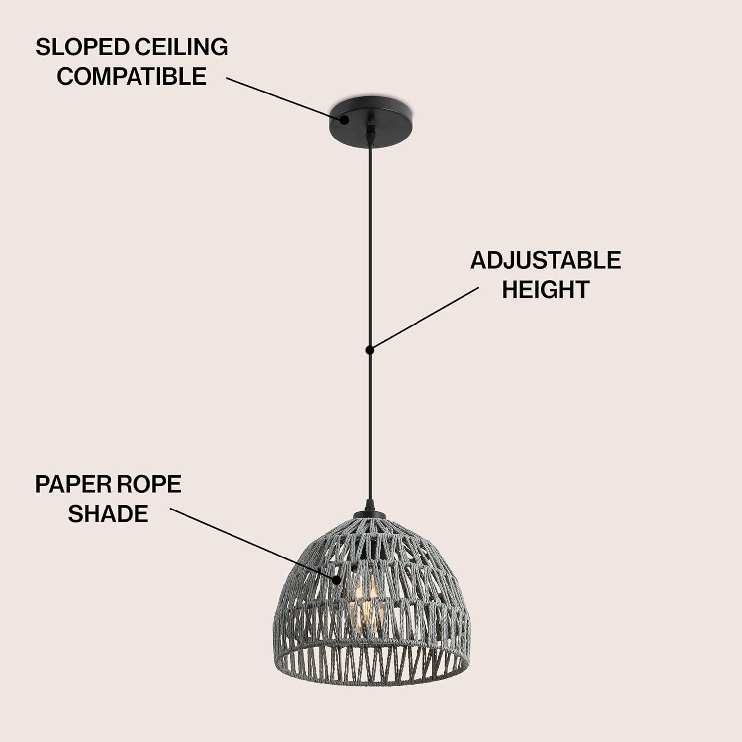JONATHAN Y 10.25" Gray Modern Bohemian Woven Rope LED Pendant Light Fixture, Adjustable Dome Ceiling Lamp for Kitchen Island, Rope Shade, Coastal Farmhouse Decor (JYL6513D)