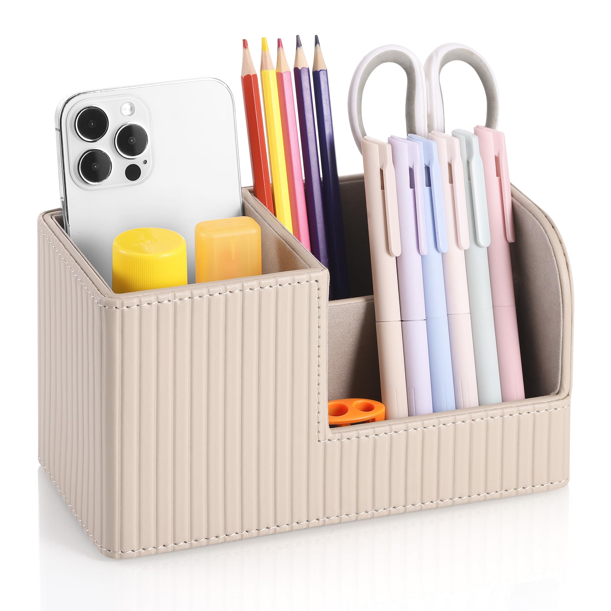 JIANTA Schreibtisch Organizer mit 3 Fächern, Stifte Organizer, PU Leder Stiftehalter Schreibtisch für Handy, Stifte oder Fernbedienung Halterung in Büro, Zuhause, Wohnzimmer - Khaki